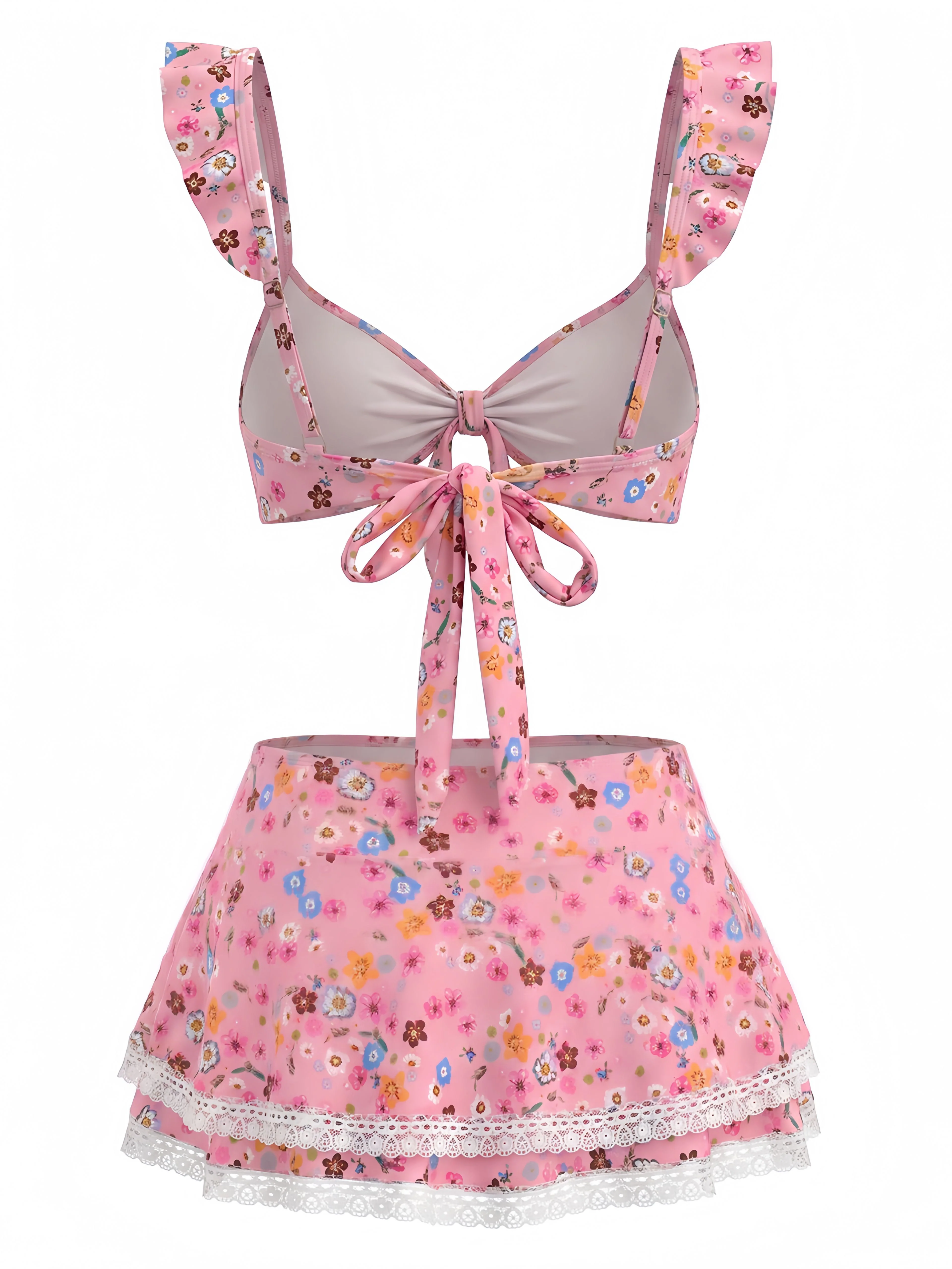 1940s Ditsy Floral Ruffle Strap Lace Trim Bikini Set - Image 6