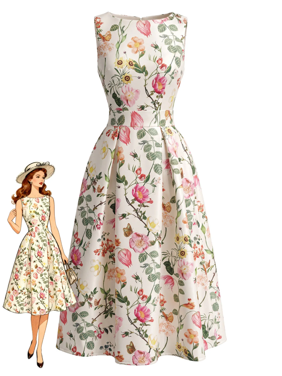 1940s Floral Print Boat Neck Sleeveless A-Line Dress