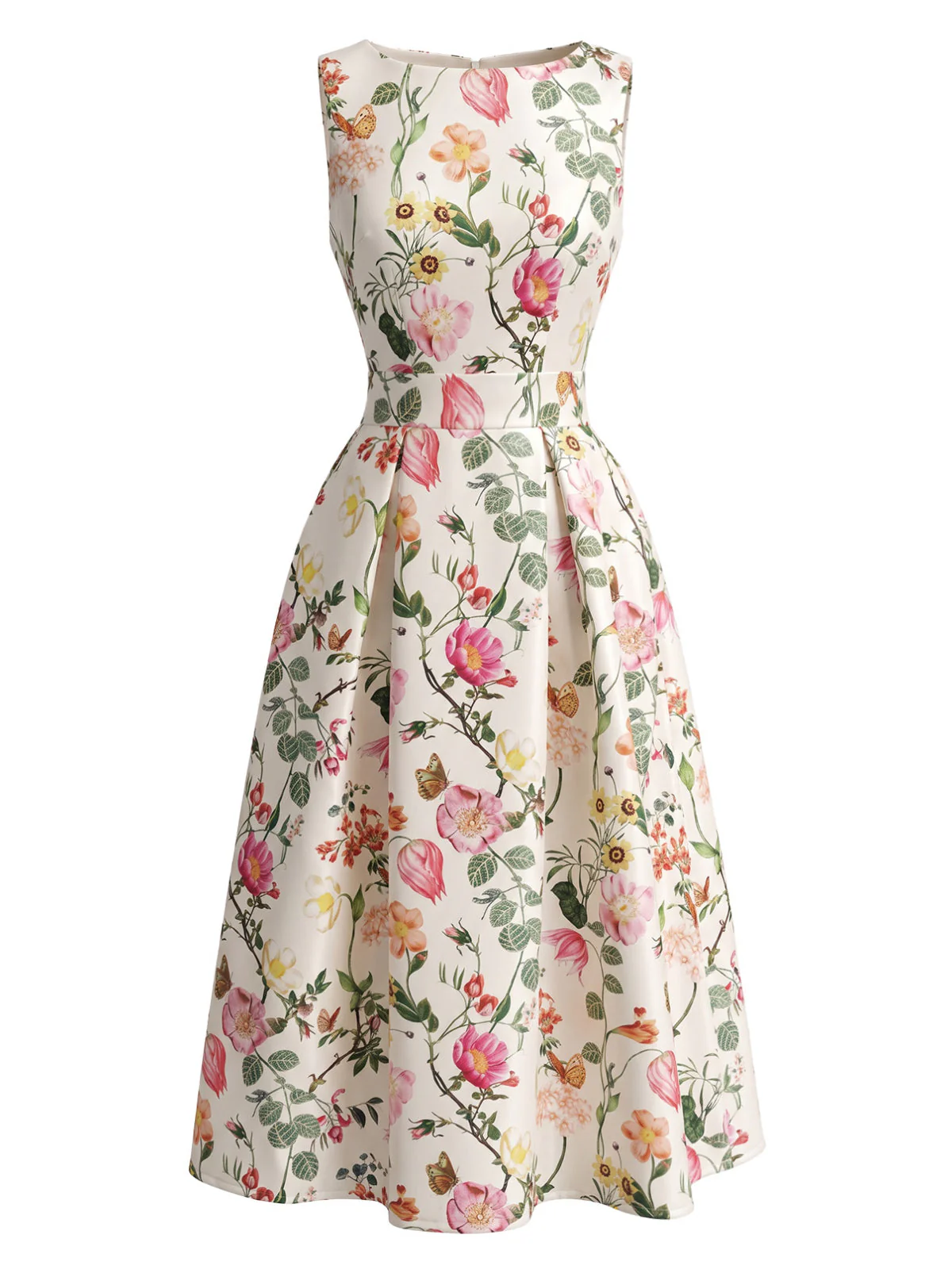 1940s Floral Print Boat Neck Sleeveless A-Line Dress - Image 3