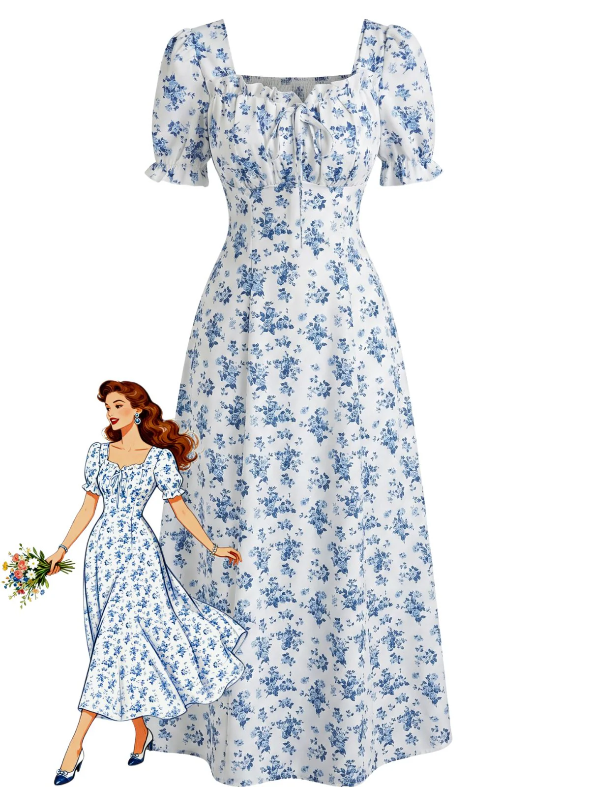 1940s Floral Puff Sleeve Midi Dress