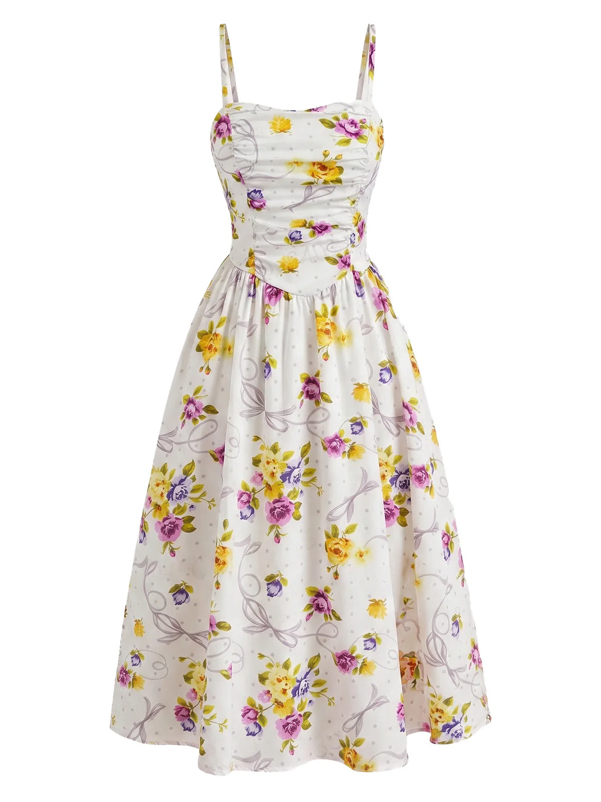 1940s Floral Ruched Camisole Midi Dress - Image 4