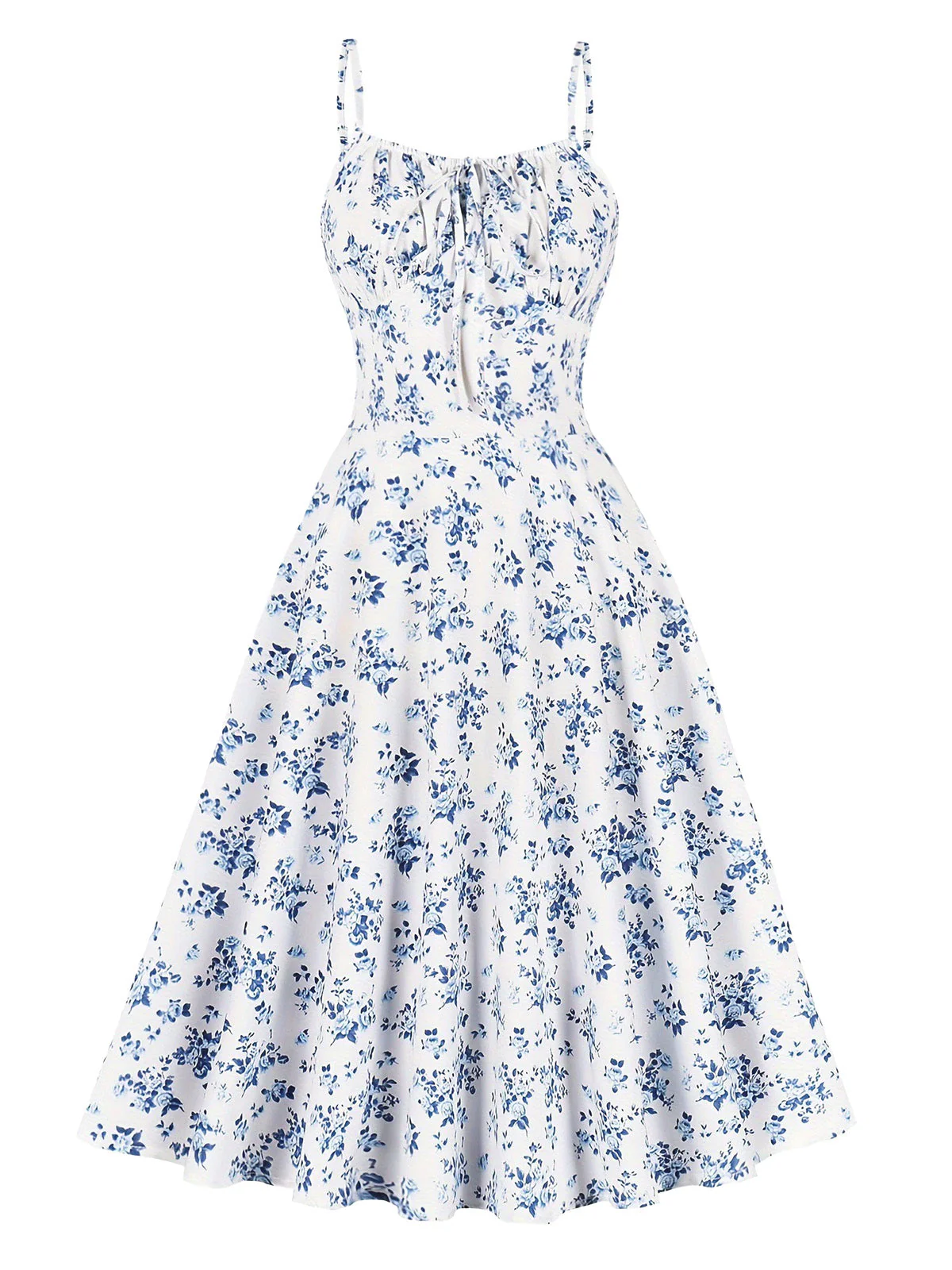 1940s Floral Spaghetti Strap Sleeveless Swing Dress - Image 2