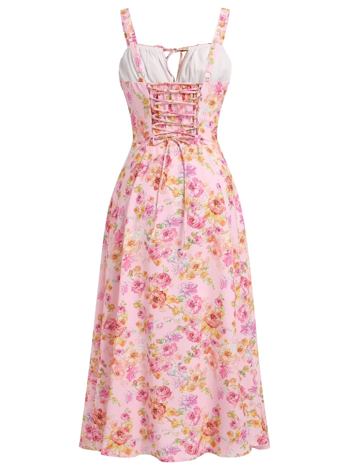 1940s Floral Spaghetti Strap Tie-Front Chiffon A-Line Dress - Image 3