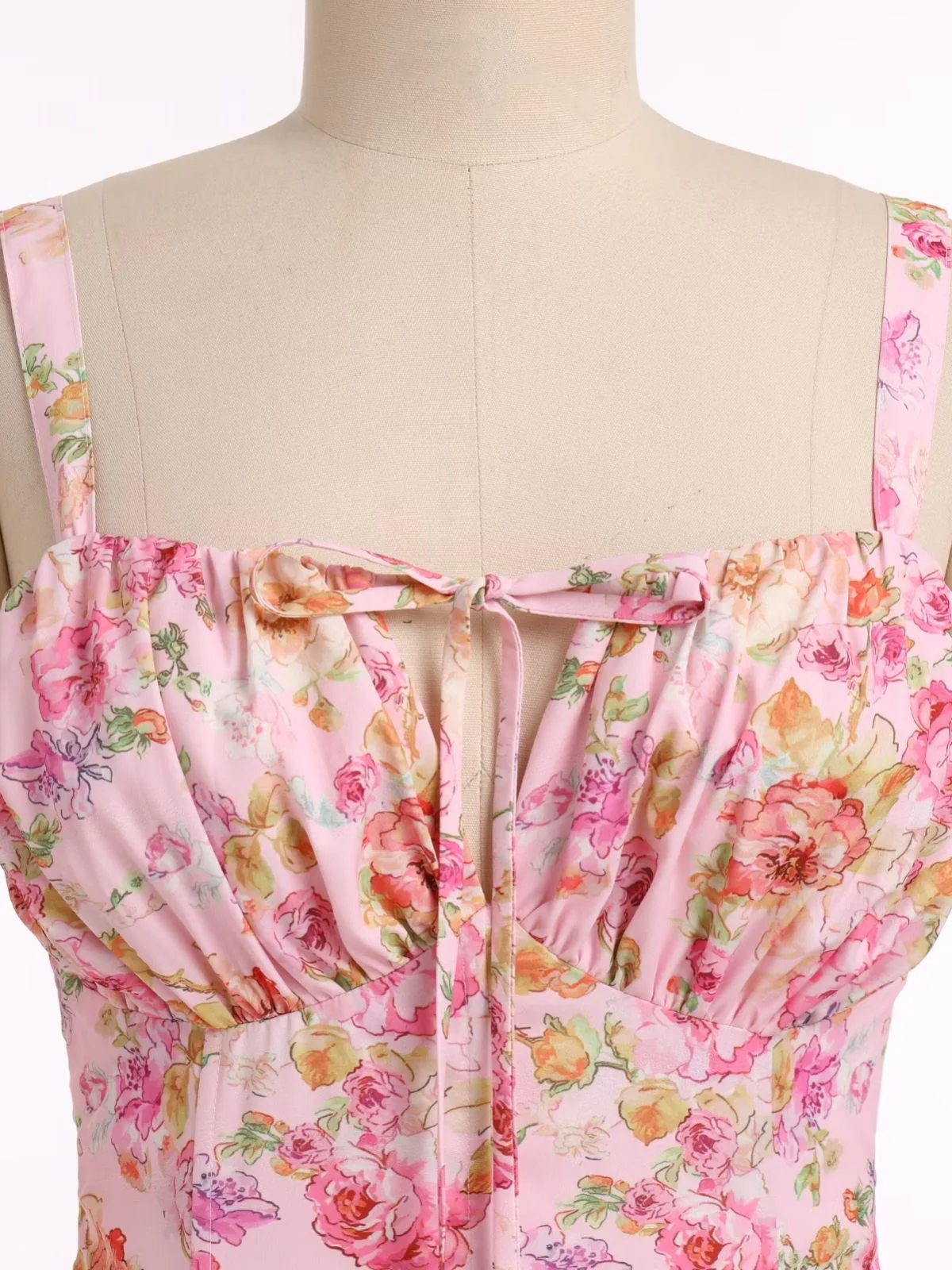 1940s Floral Spaghetti Strap Tie-Front Chiffon A-Line Dress - Image 4