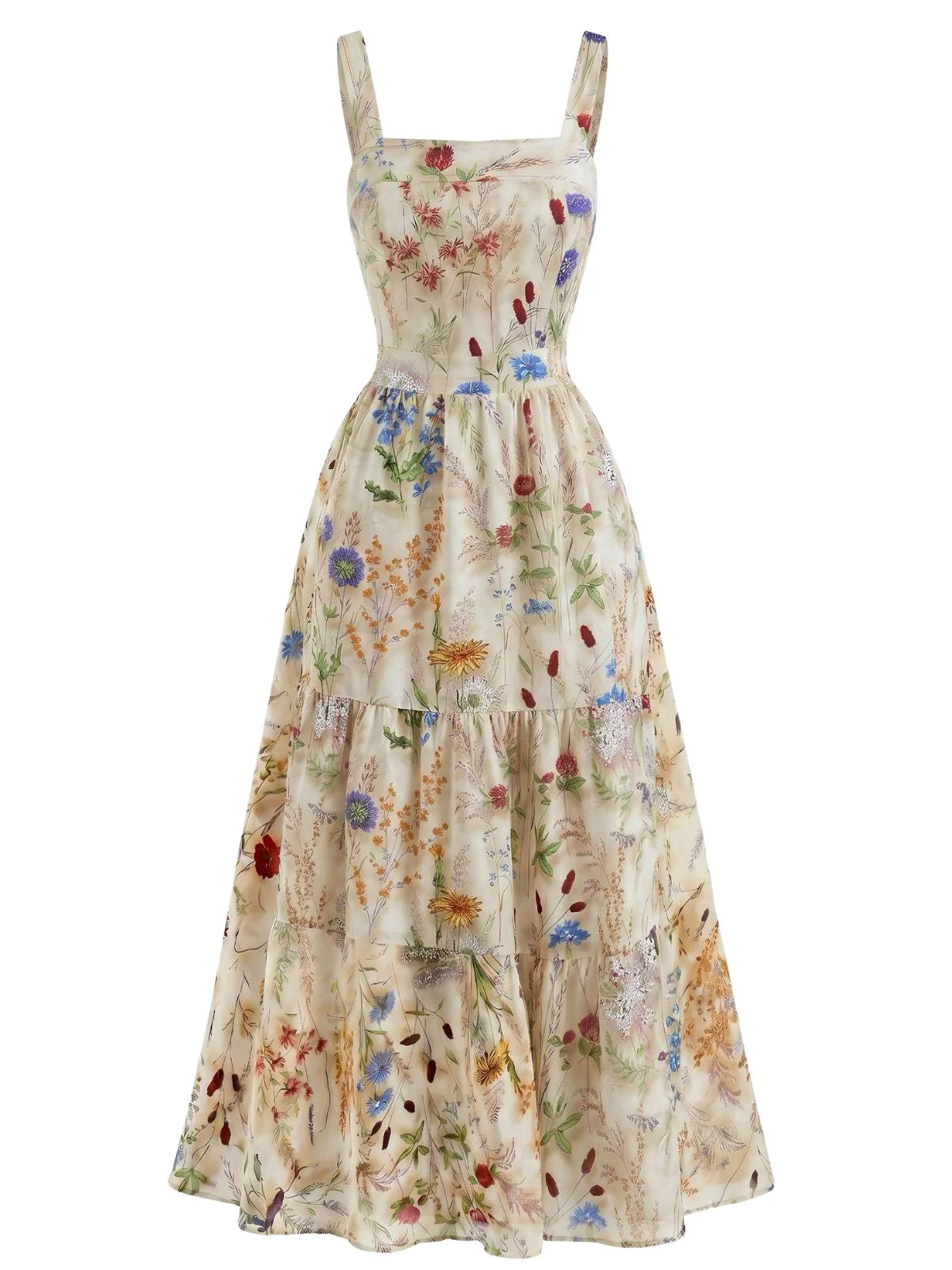 1940s Floral Square Neck Spaghetti Strap Tiered Maxi Dress - Image 2