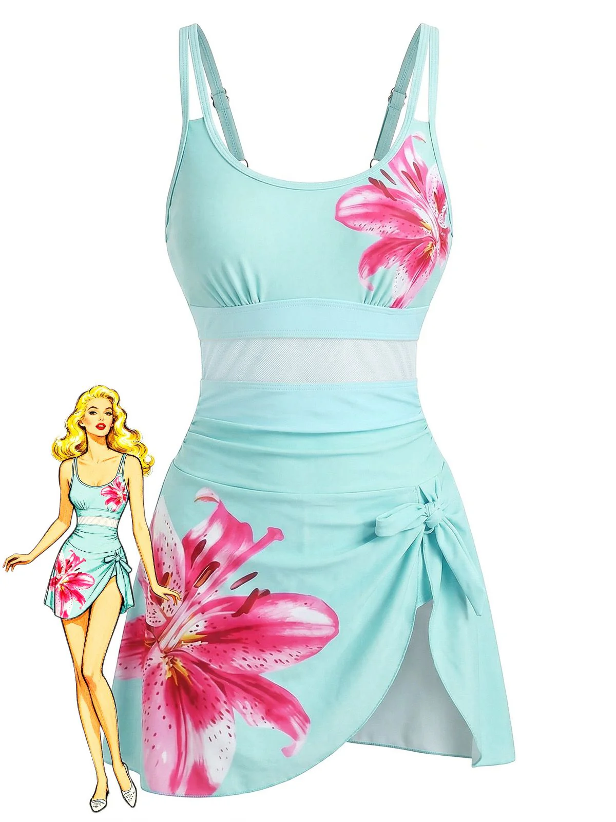 1940s Floral Strappy Scoop-Neck Tie Mesh Swim Dress