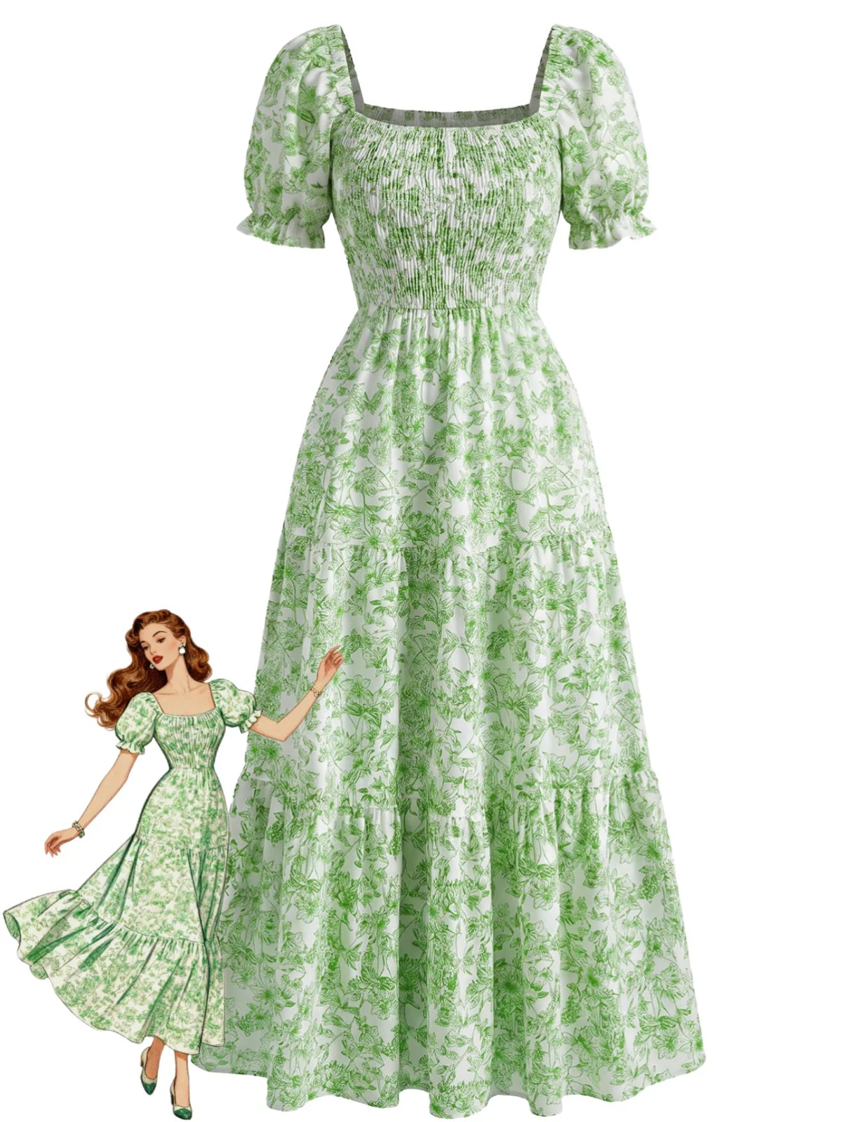 1940s Floral Wrinkle Square Neck Dress
