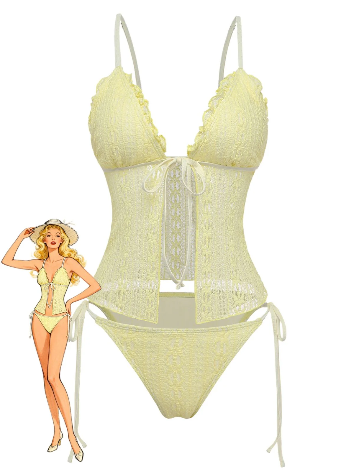 1940s Lace Knit Double-Layer Fabric Tankini Set