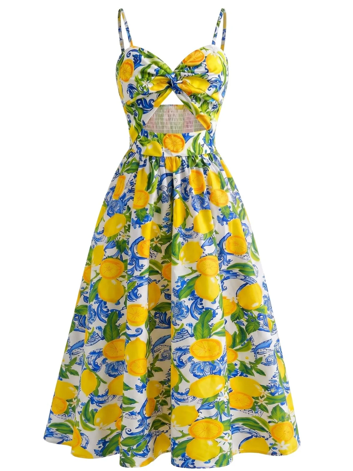 1940s Lemon Print Spaghetti Strap Swing Dress