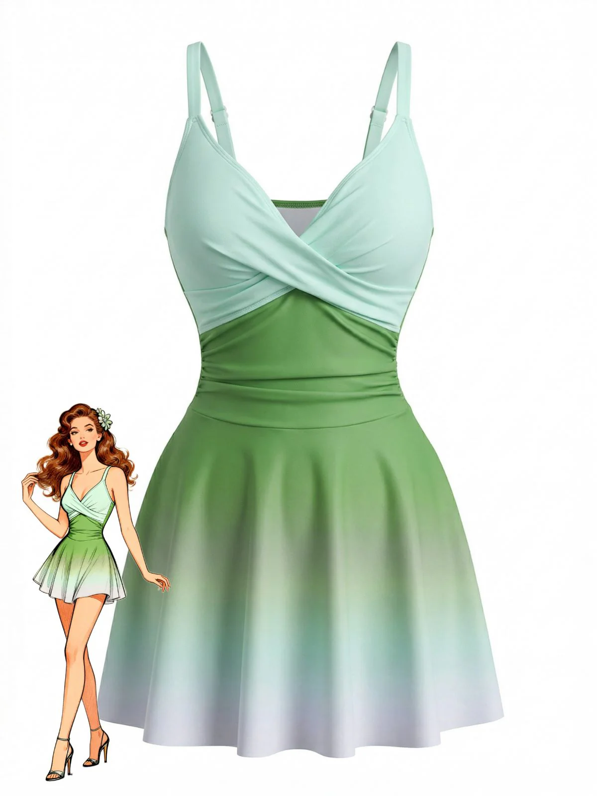 1940s Mirrored Ombre Front Twist One-Piece Swim Dress