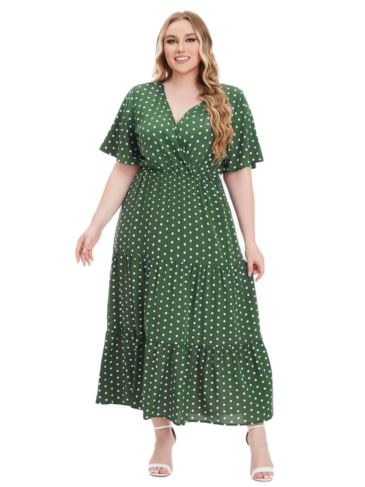 [Plus Size] 1940s Polka Dot V-Neck Short Sleeve Maxi Dress