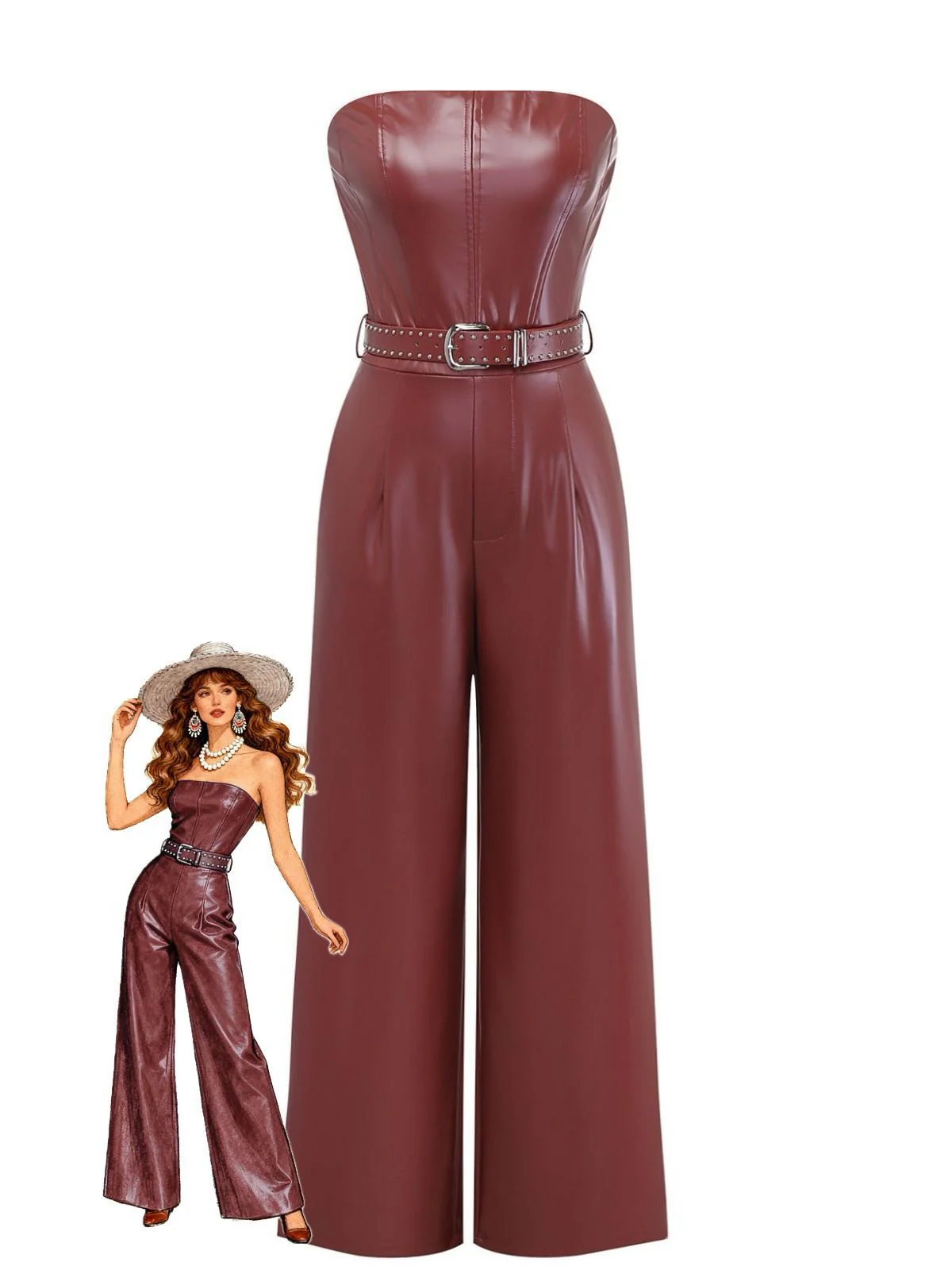 1940s PU Leather Belted Strapless Jumpsuit