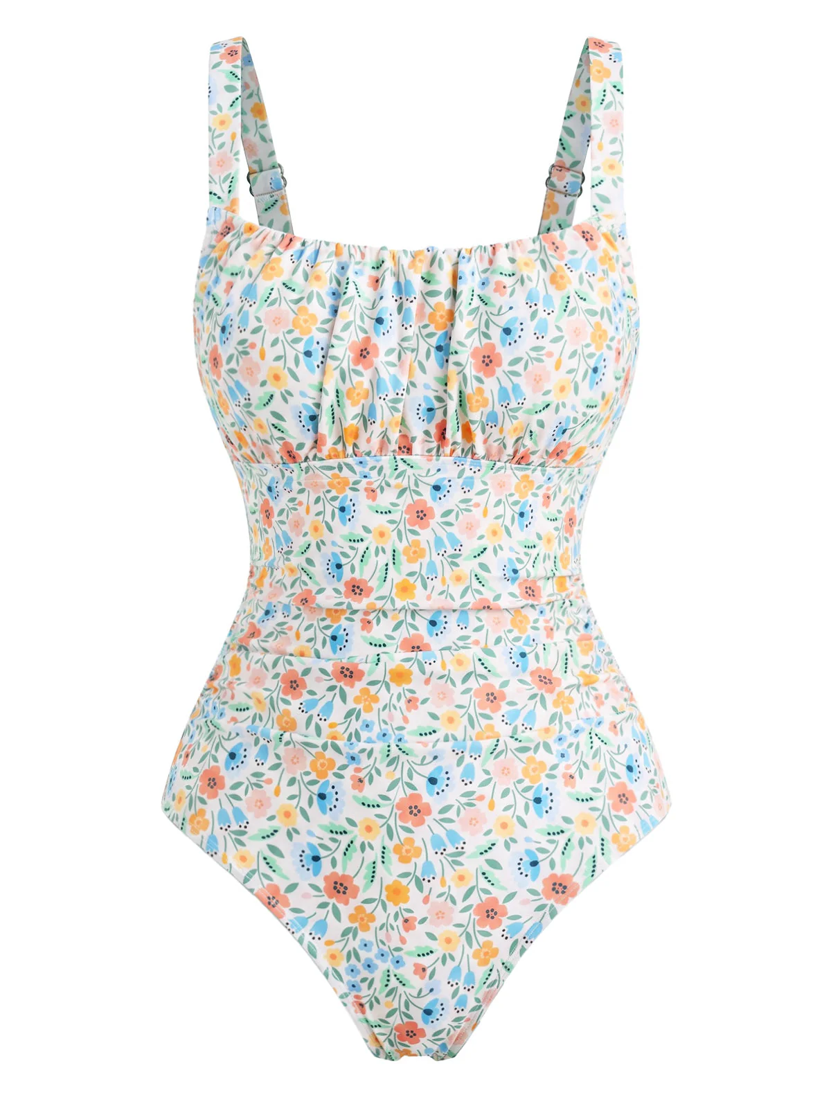 1940s Ruched Square Neck Ditsy Floral One-Piece Swimsuit - Image 2