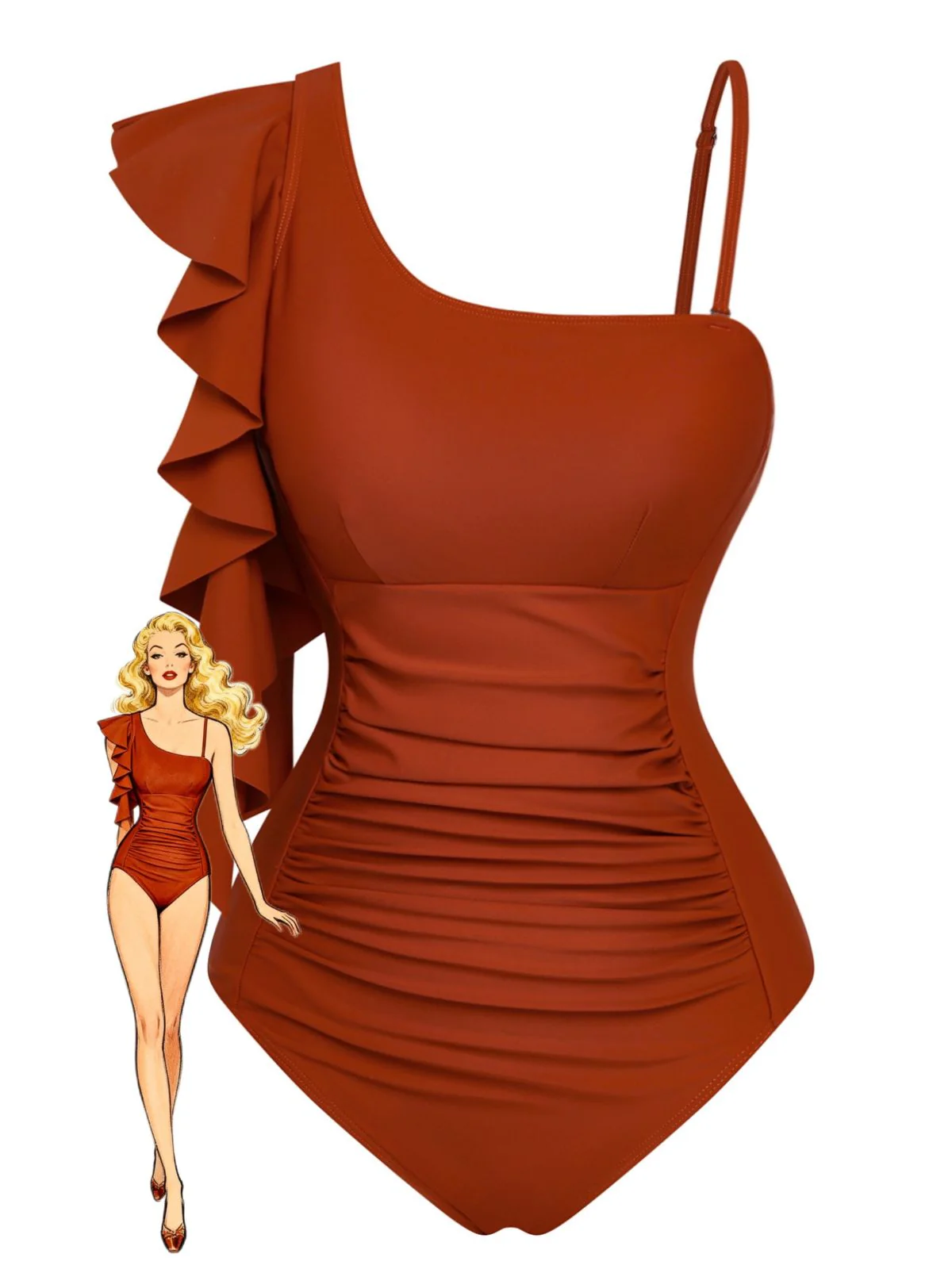 1940s Ruffled Asymmetrical Neck One-Piece Swimsuit