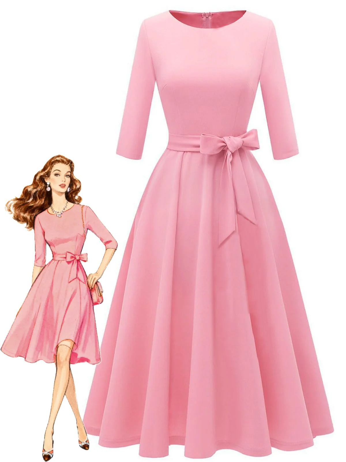 1940s Solid Fit Bow 3/4 Sleeves Swing Dress