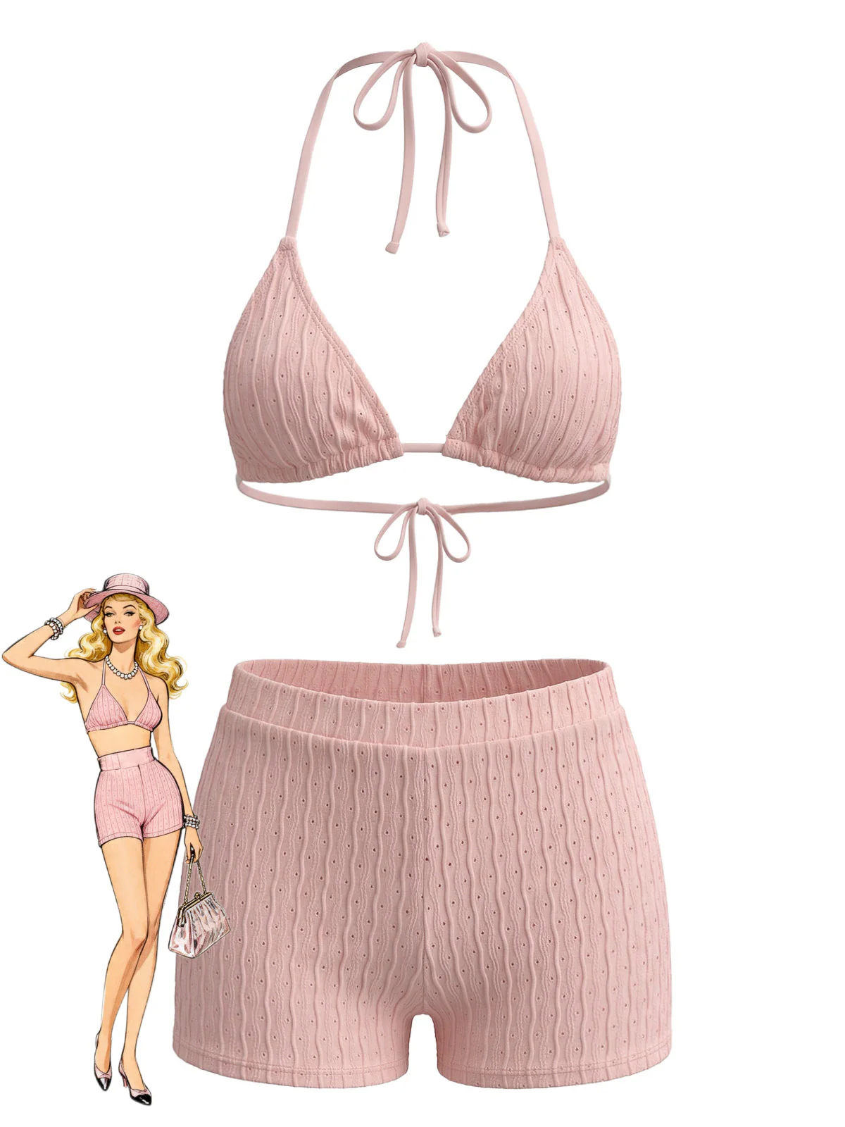 1940s Solid Halter Textured Triangle Bikini Set