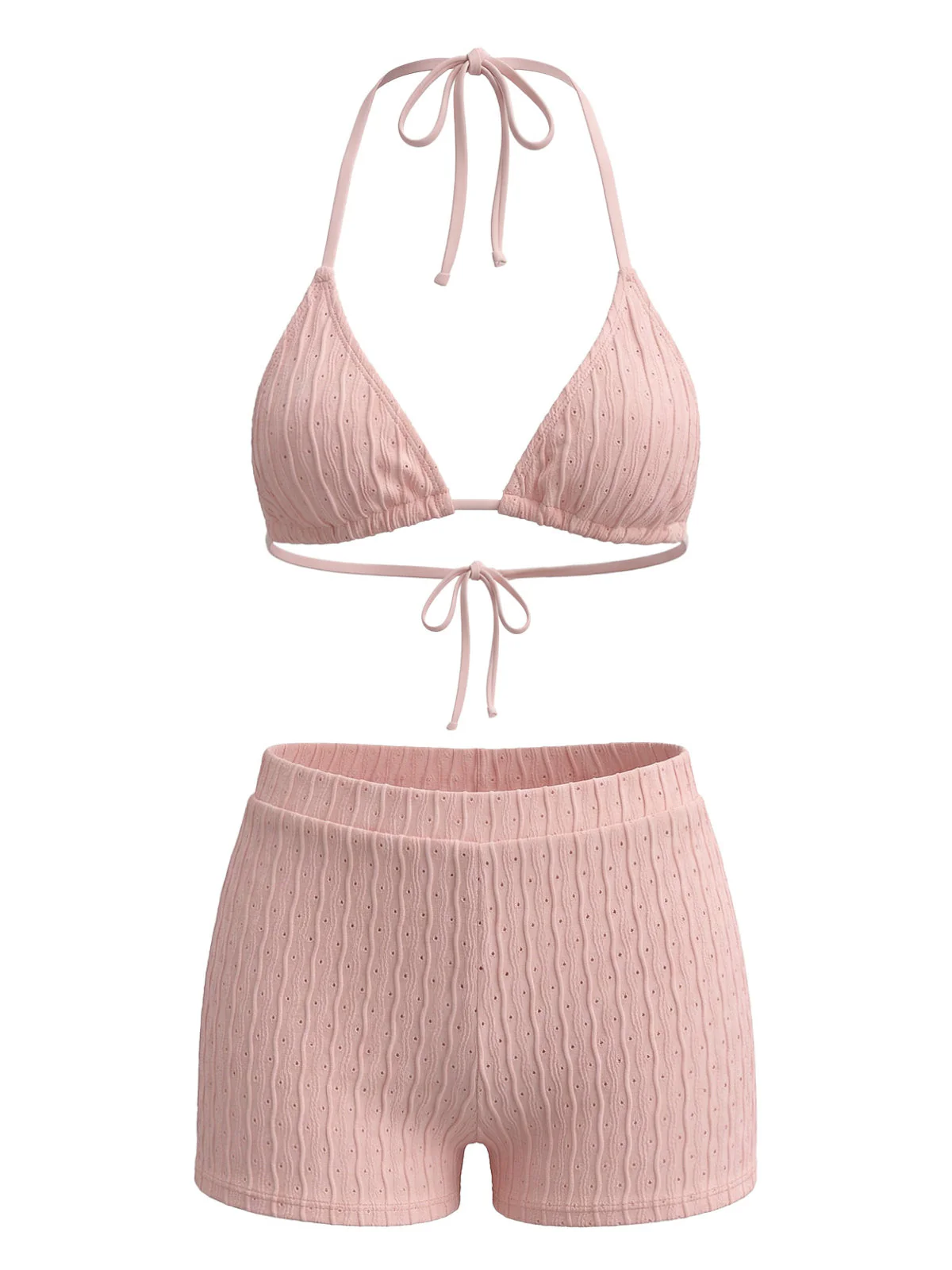 1940s Solid Halter Textured Triangle Bikini Set - Image 2