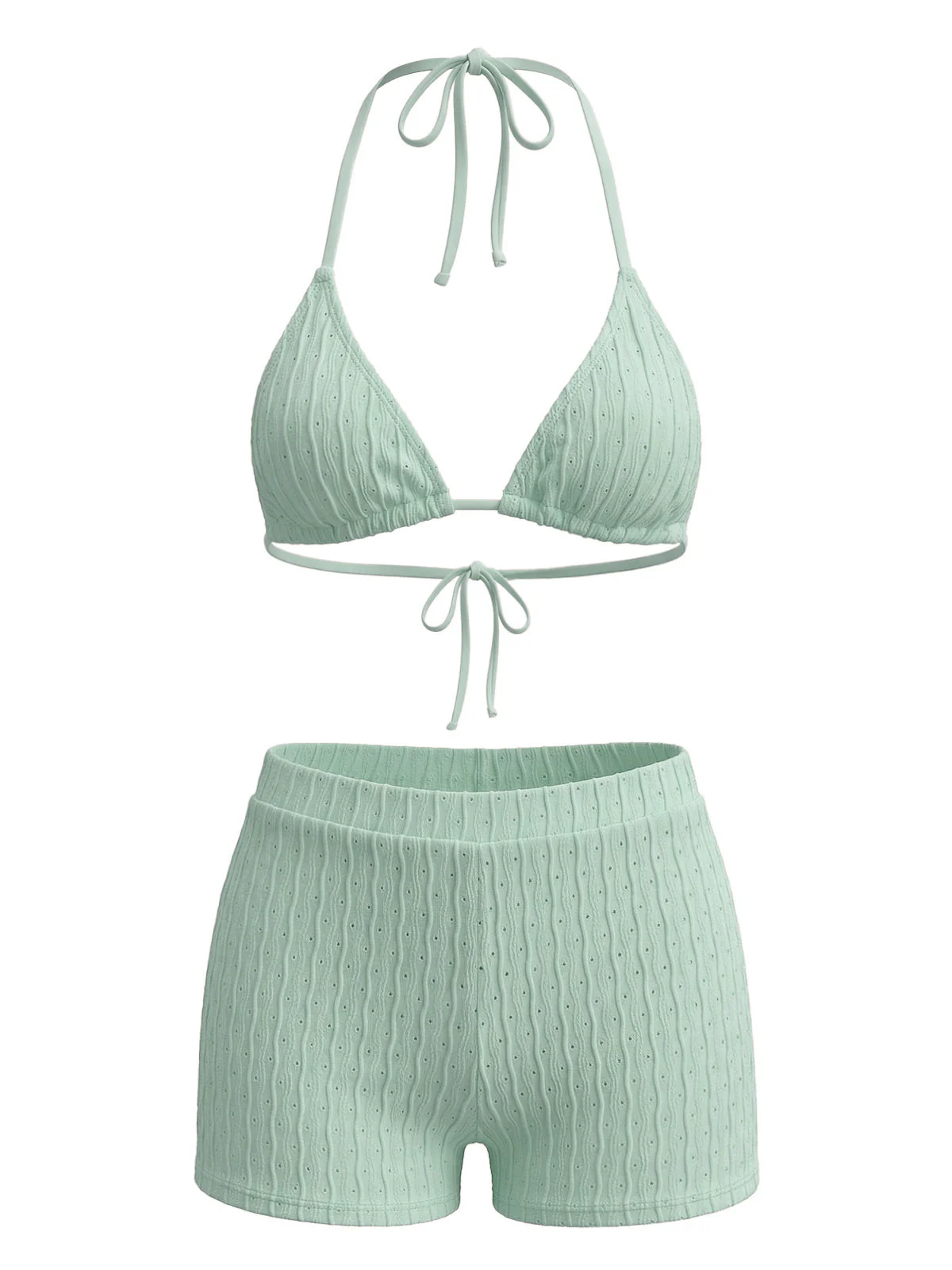 1940s Solid Halter Textured Triangle Bikini Set - Image 6