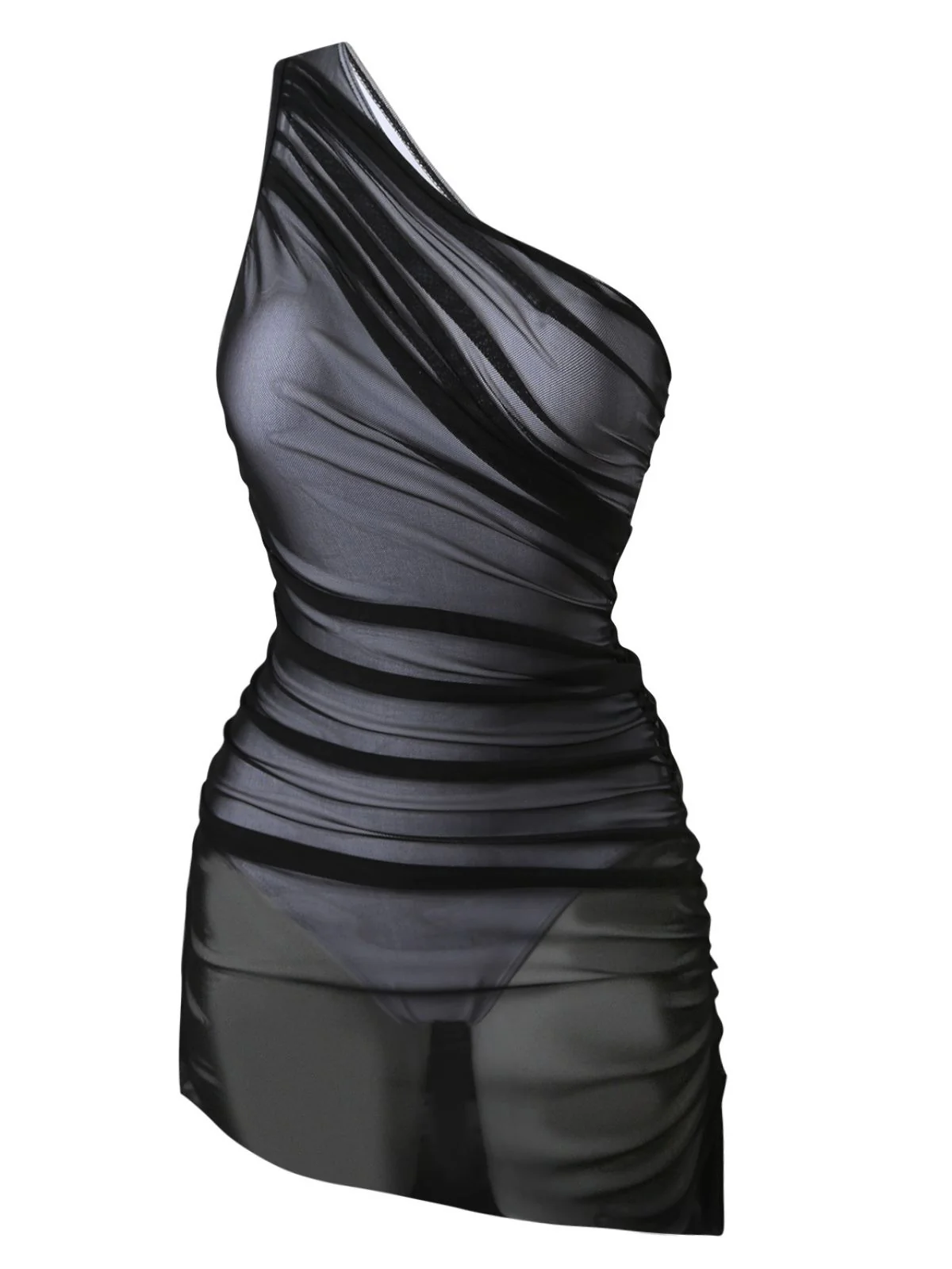 1940s Solid Mesh Pleated One-Shoulder Swimsuit