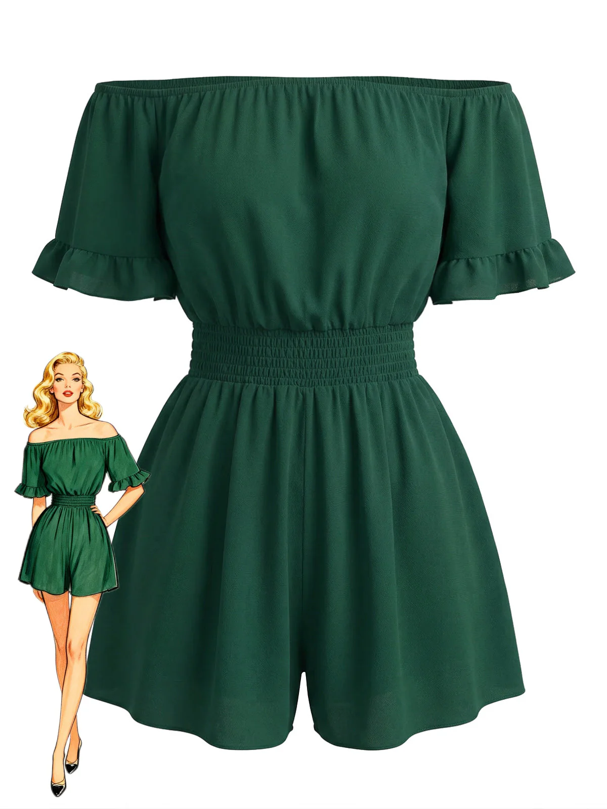 1940s Solid Off Shoulder Ruffle Sleeve Smocked Waist Romper