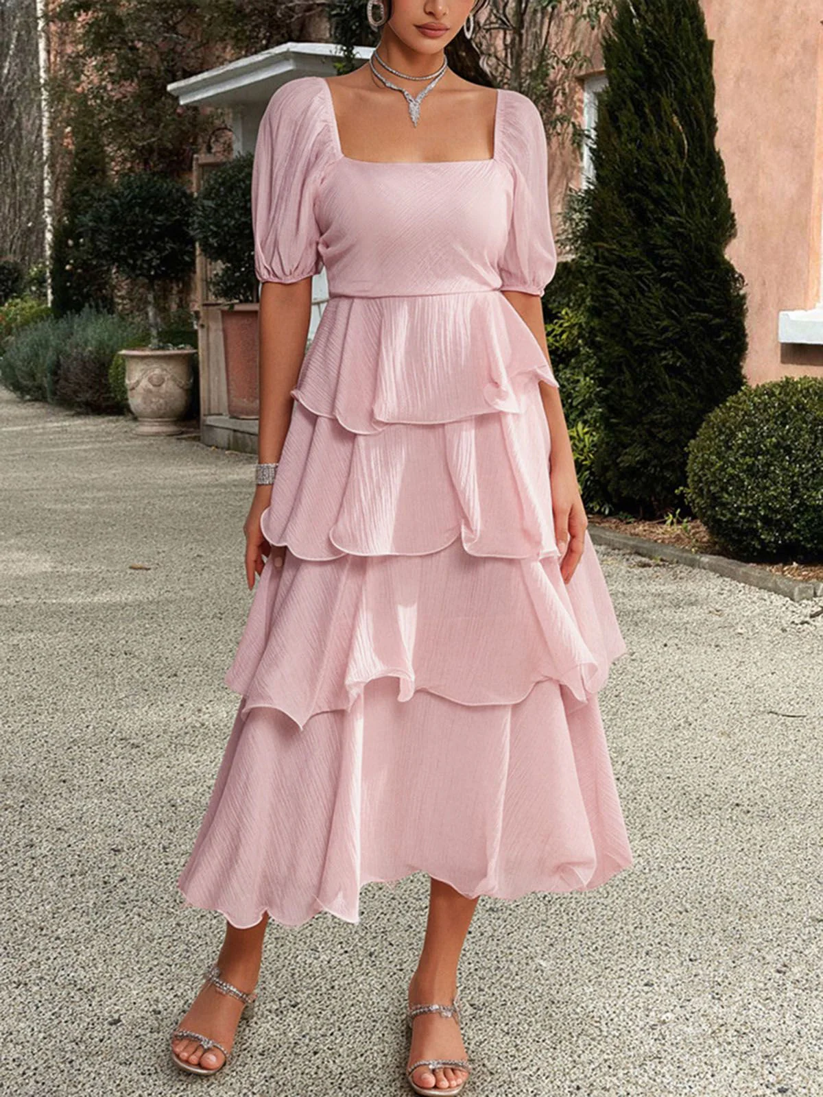 1940s Solid Puff Sleeve Ruffle Trim Tiered Dress - Image 5