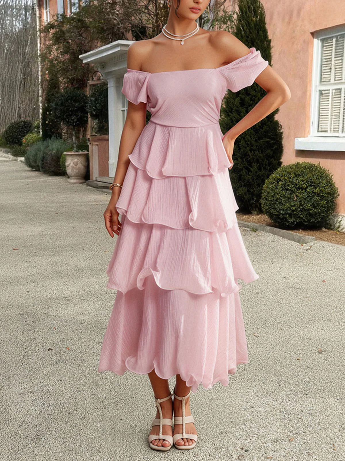 1940s Solid Puff Sleeve Ruffle Trim Tiered Dress - Image 7