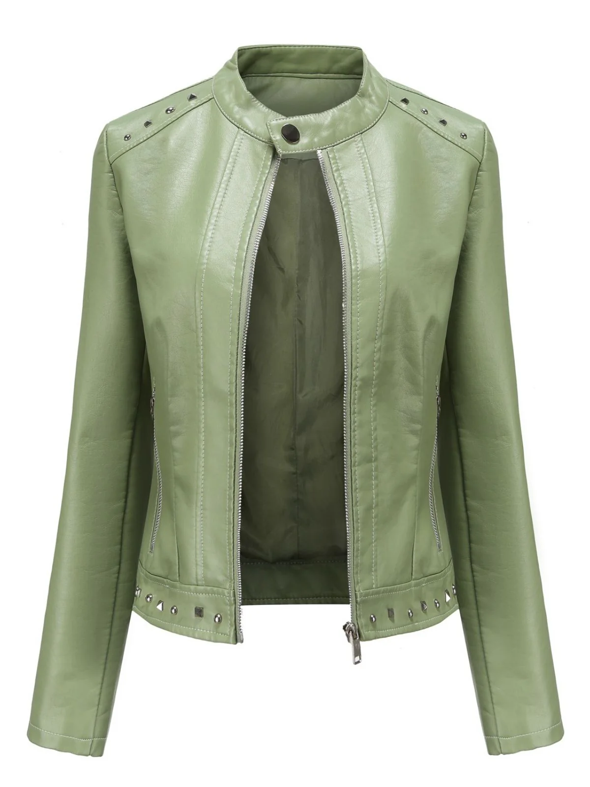 1940s Solid Studded Stand Collar Leather Jacket