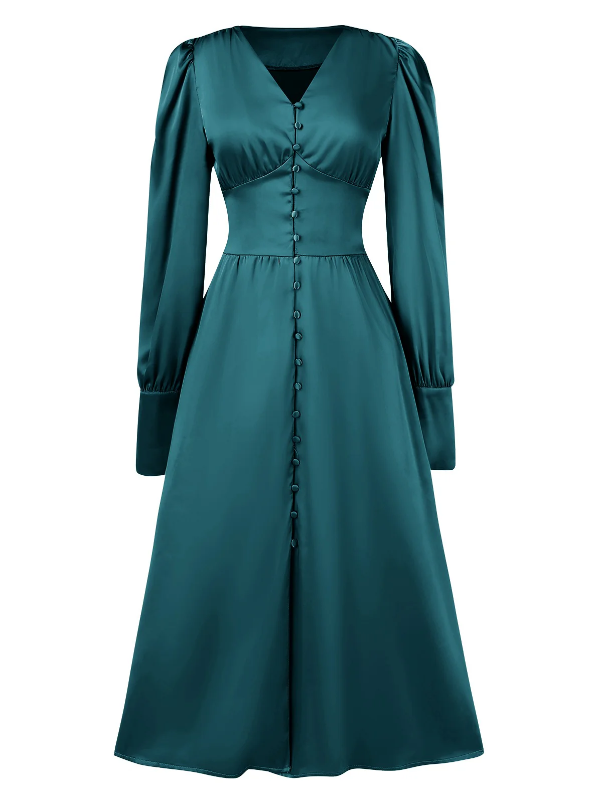 1940s Solid V-Neck Faux Satin Button Dress