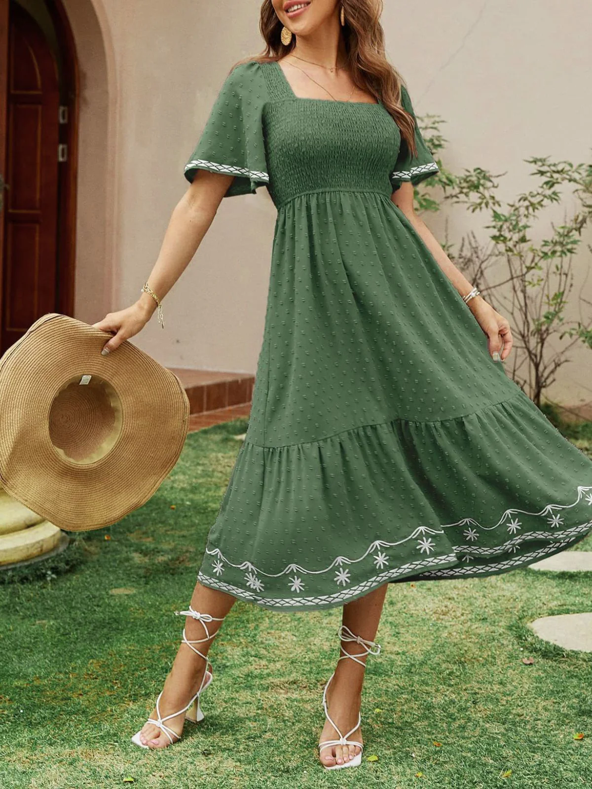 1940s Square Neck Embroidery Jacquard Smocked Dress