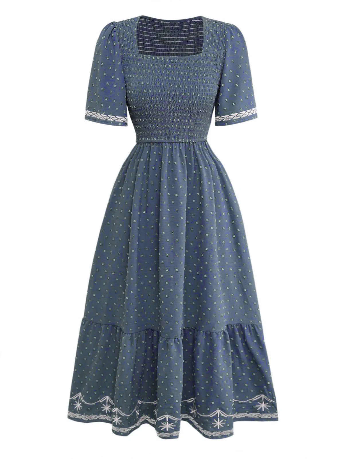 1940s Square Neck Embroidery Jacquard Smocked Dress - Image 13