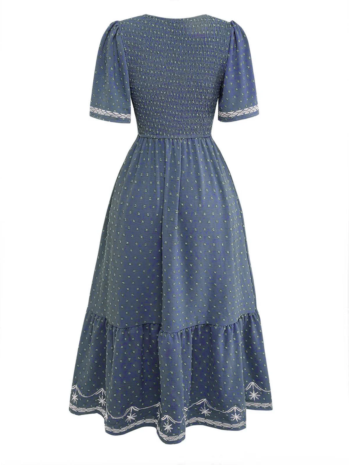 1940s Square Neck Embroidery Jacquard Smocked Dress - Image 14