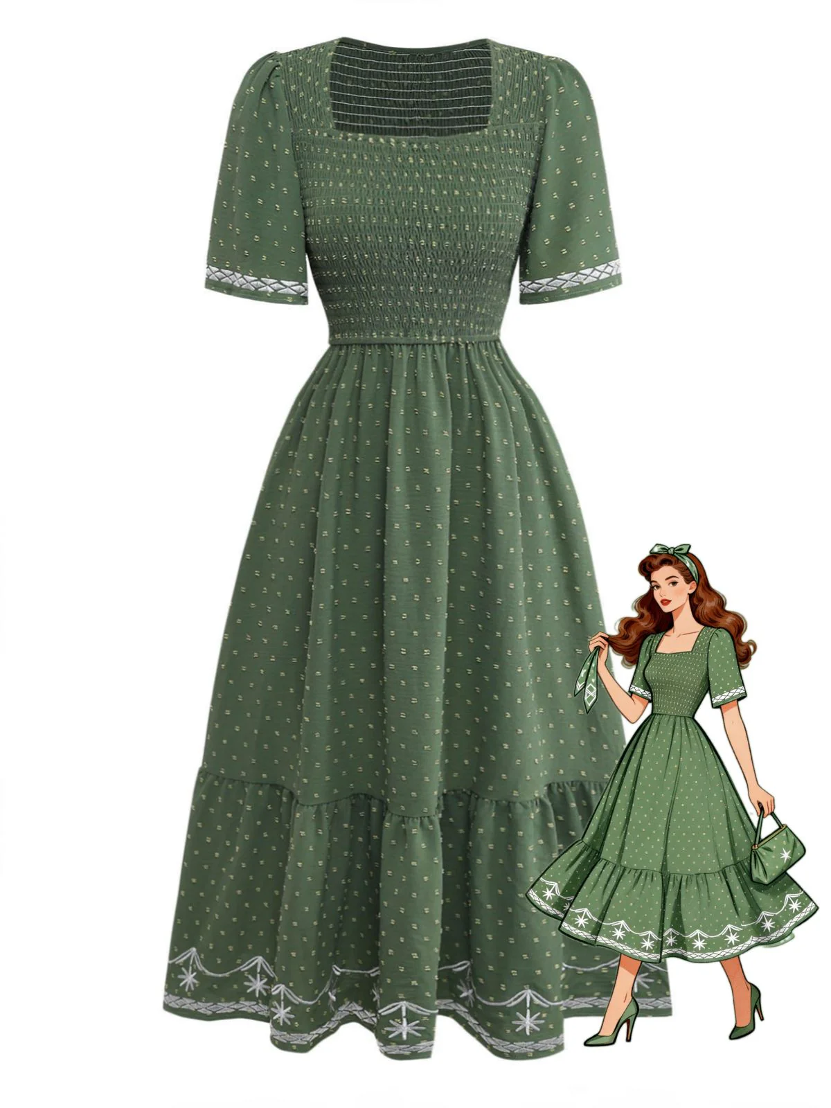 1940s Square Neck Embroidery Jacquard Smocked Dress - Image 2