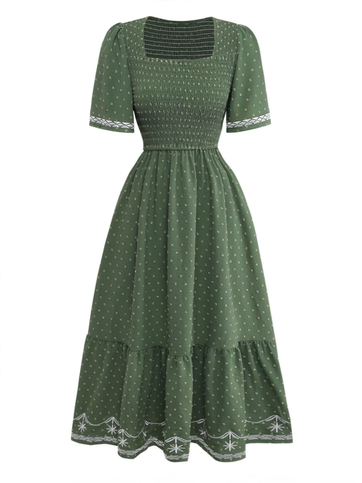 1940s Square Neck Embroidery Jacquard Smocked Dress - Image 3
