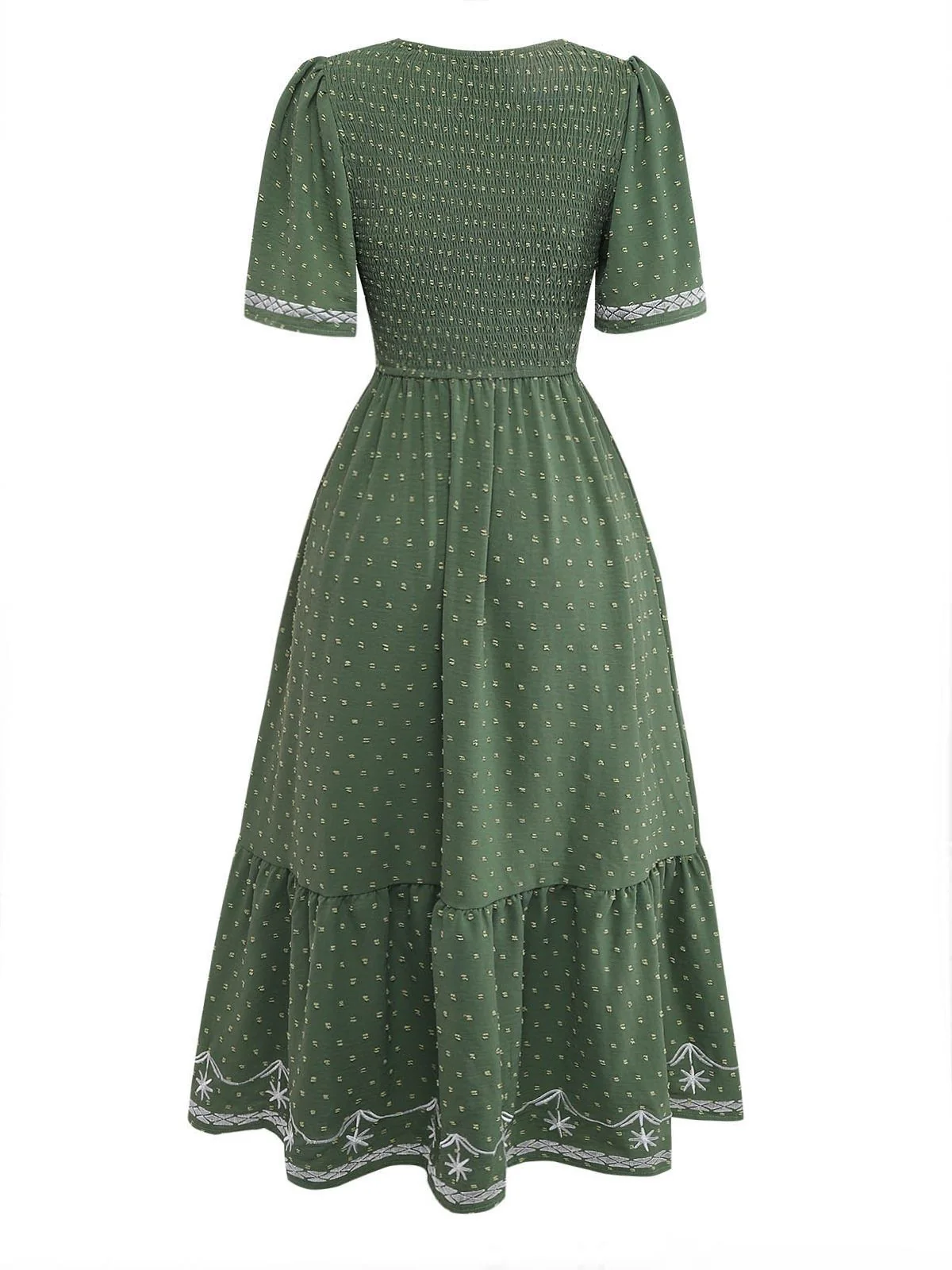 1940s Square Neck Embroidery Jacquard Smocked Dress - Image 6