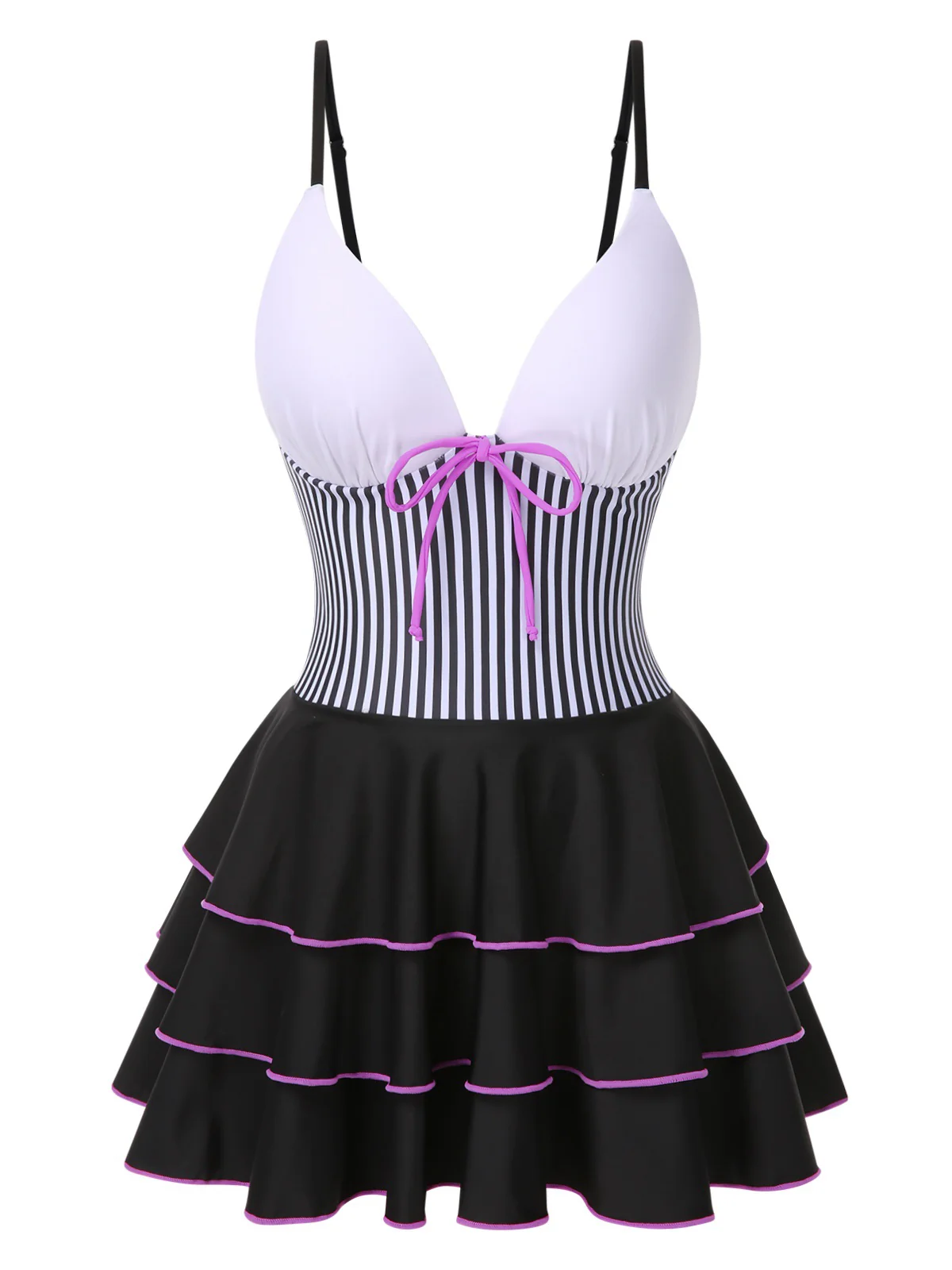 1940s Stripe Patchwork Layered Hem Swim Dress