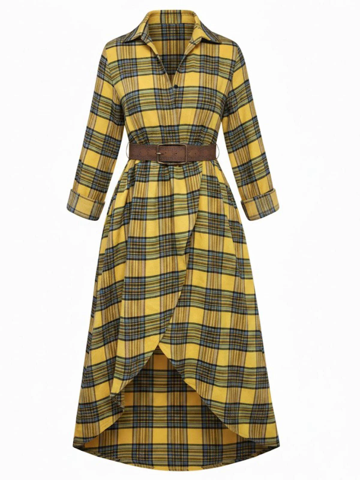 1940s Tartan Plaid Long Sleeve Belted Shirt Dress - Image 8