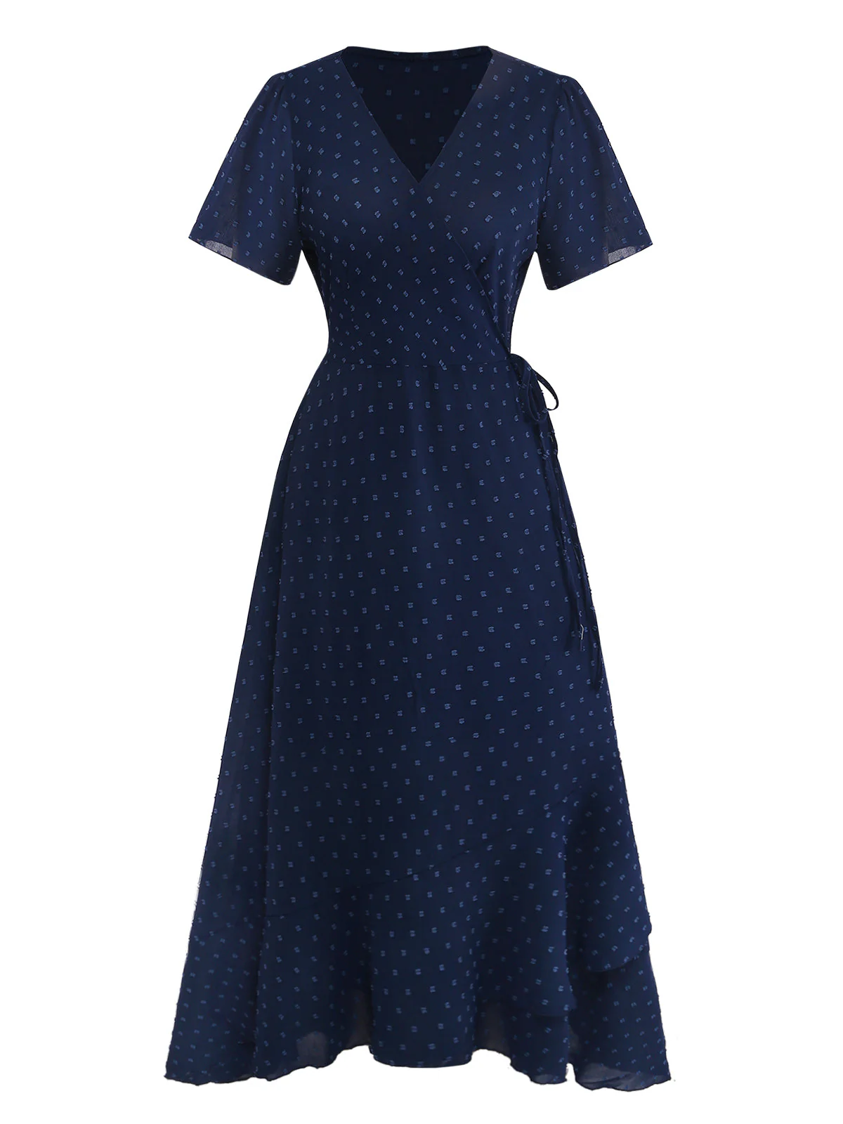 1940s V-Neck Textured Ruffle Hem Wrap Dress