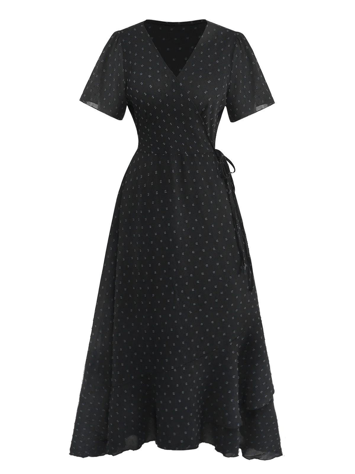 1940s V-Neck Textured Ruffle Hem Wrap Dress - Image 7