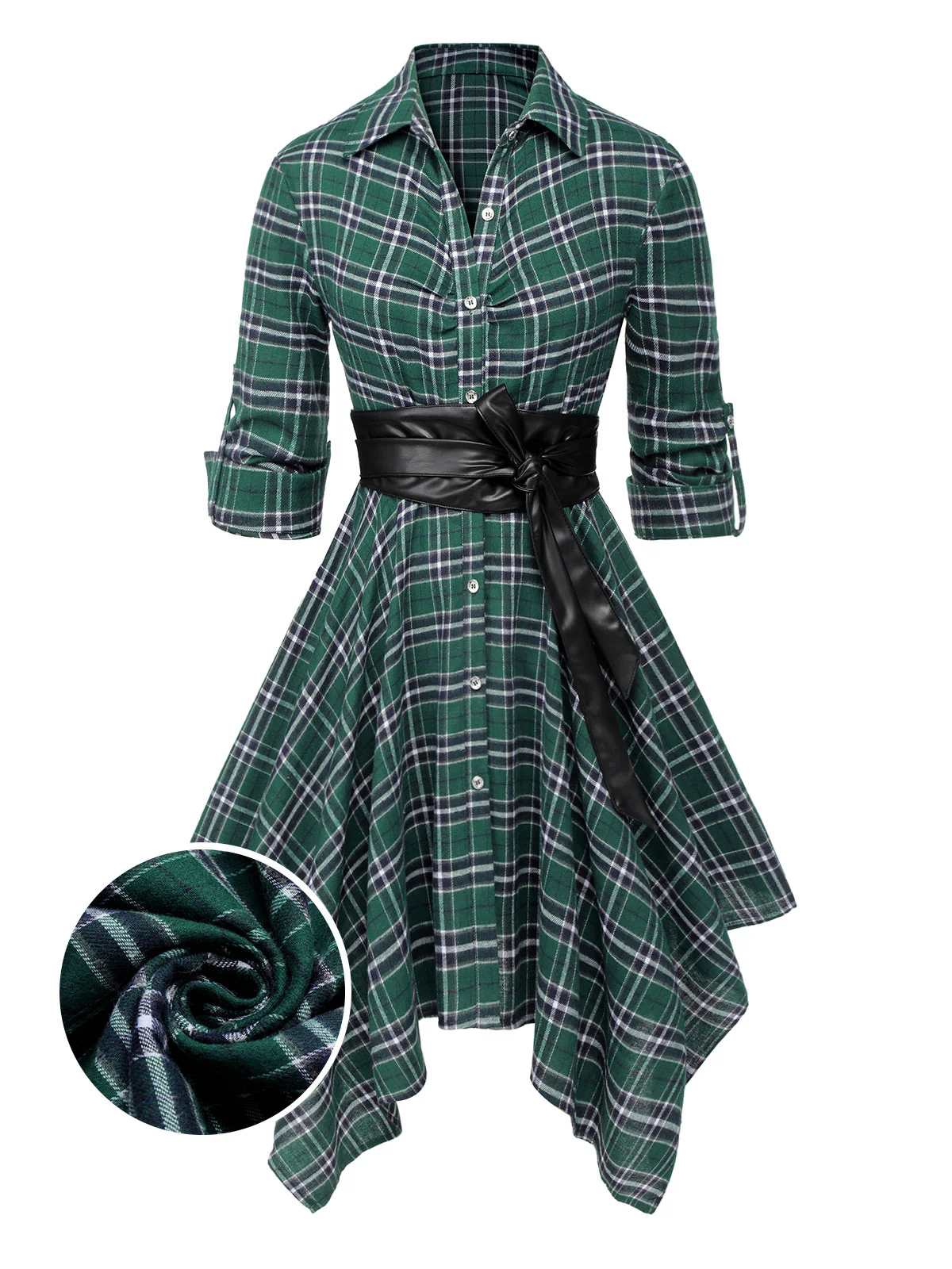 1950s 3/4 Sleeve Plaid Belt Dress - Image 14