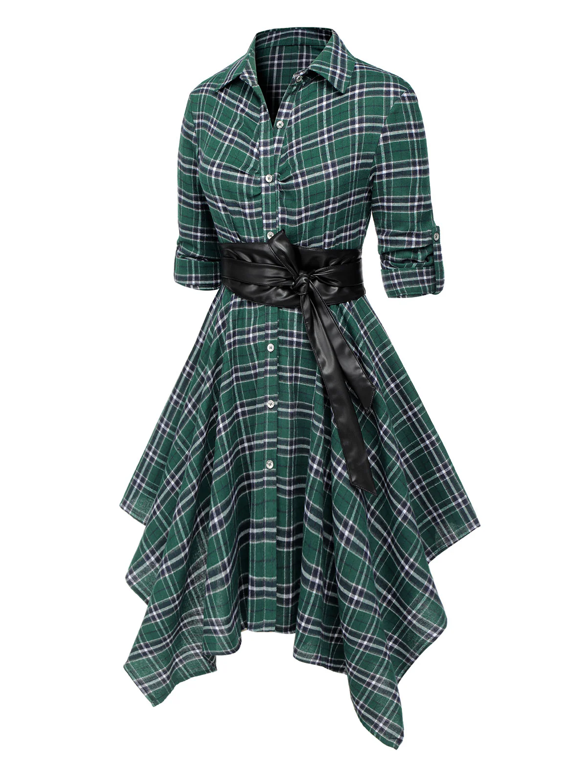 1950s 3/4 Sleeve Plaid Belt Dress - Image 16