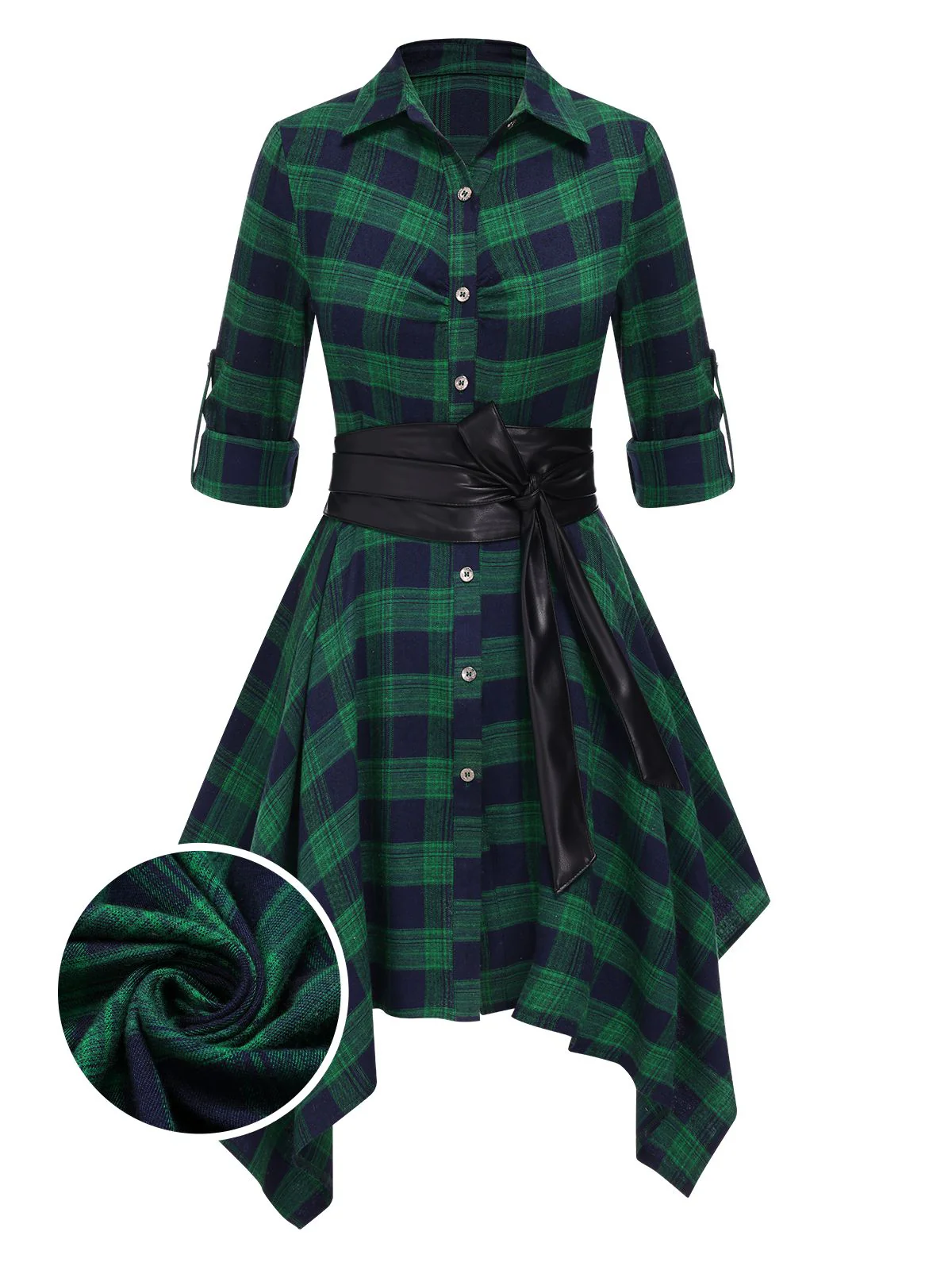 1950s 3/4 Sleeve Plaid Belt Dress - Image 18