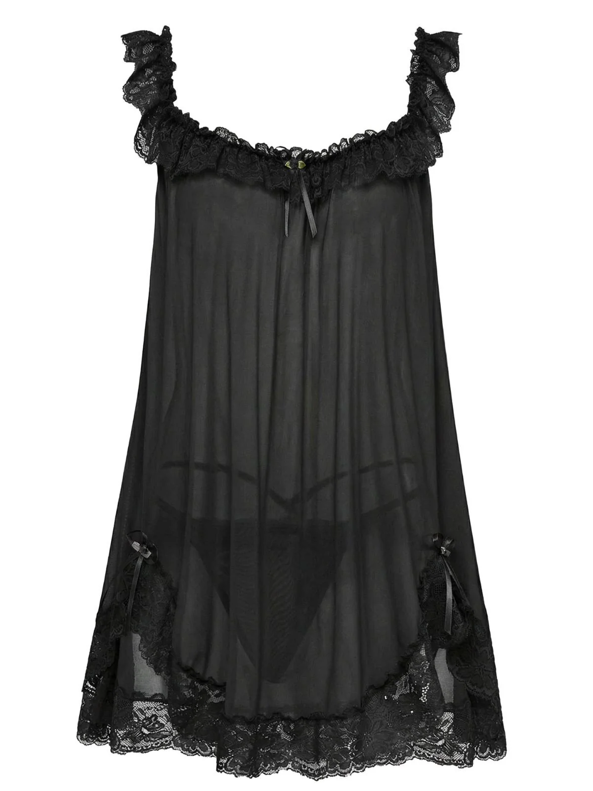 1950s Bow Lace Trim Sheer Mesh Babydoll Nightgown