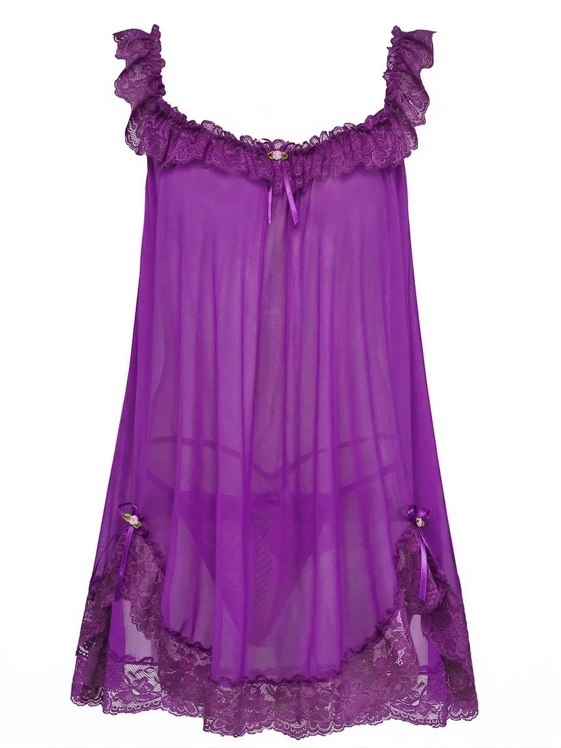 1950s Bow Lace Trim Sheer Mesh Babydoll Nightgown - Image 10