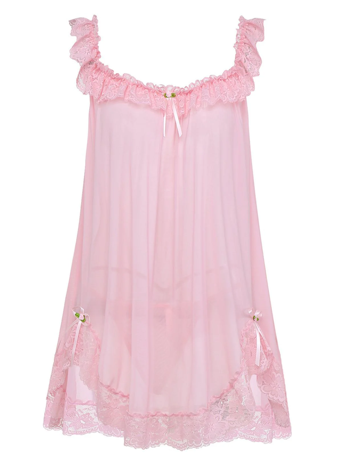 1950s Bow Lace Trim Sheer Mesh Babydoll Nightgown - Image 3