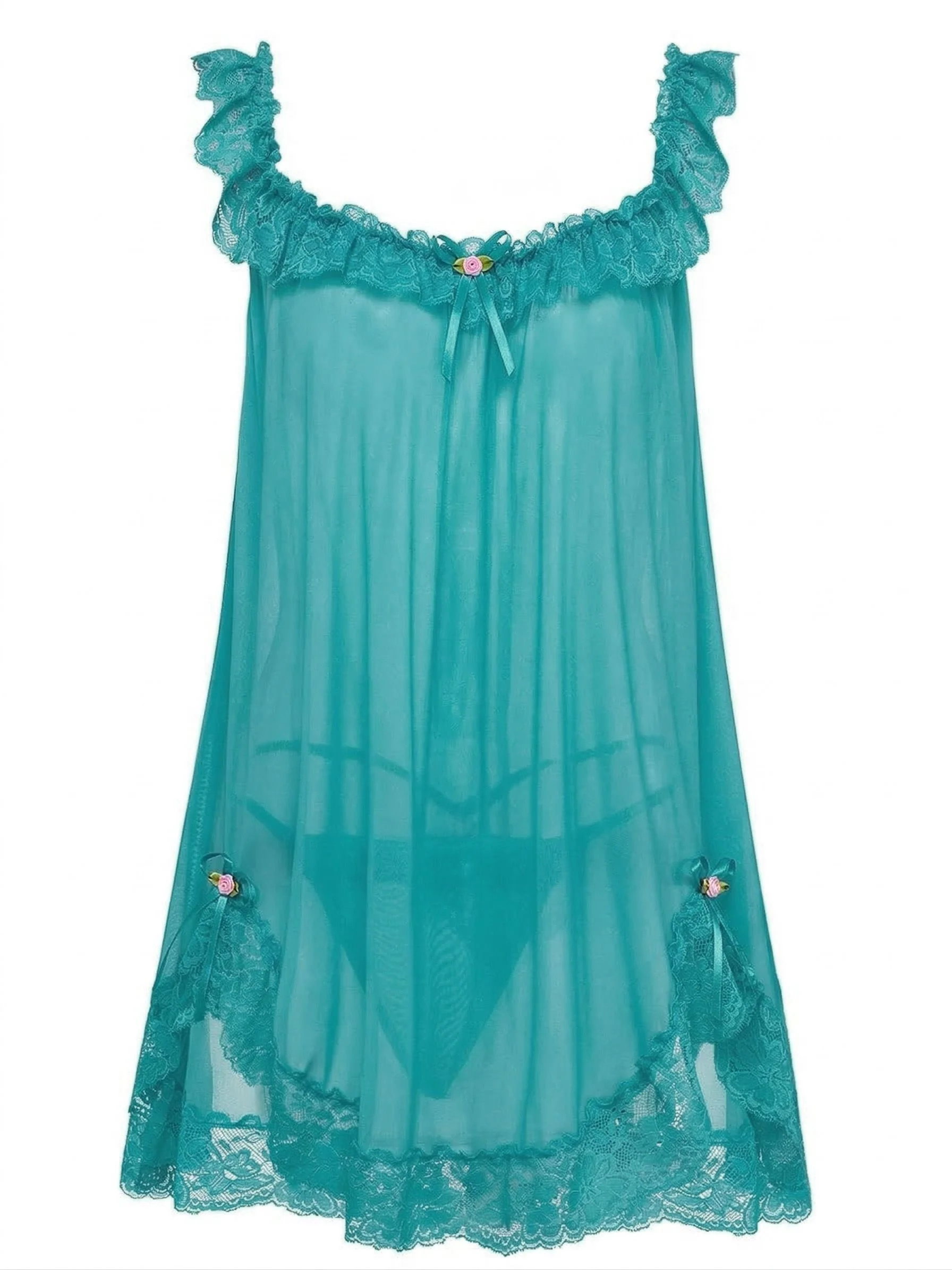1950s Bow Lace Trim Sheer Mesh Babydoll Nightgown - Image 8