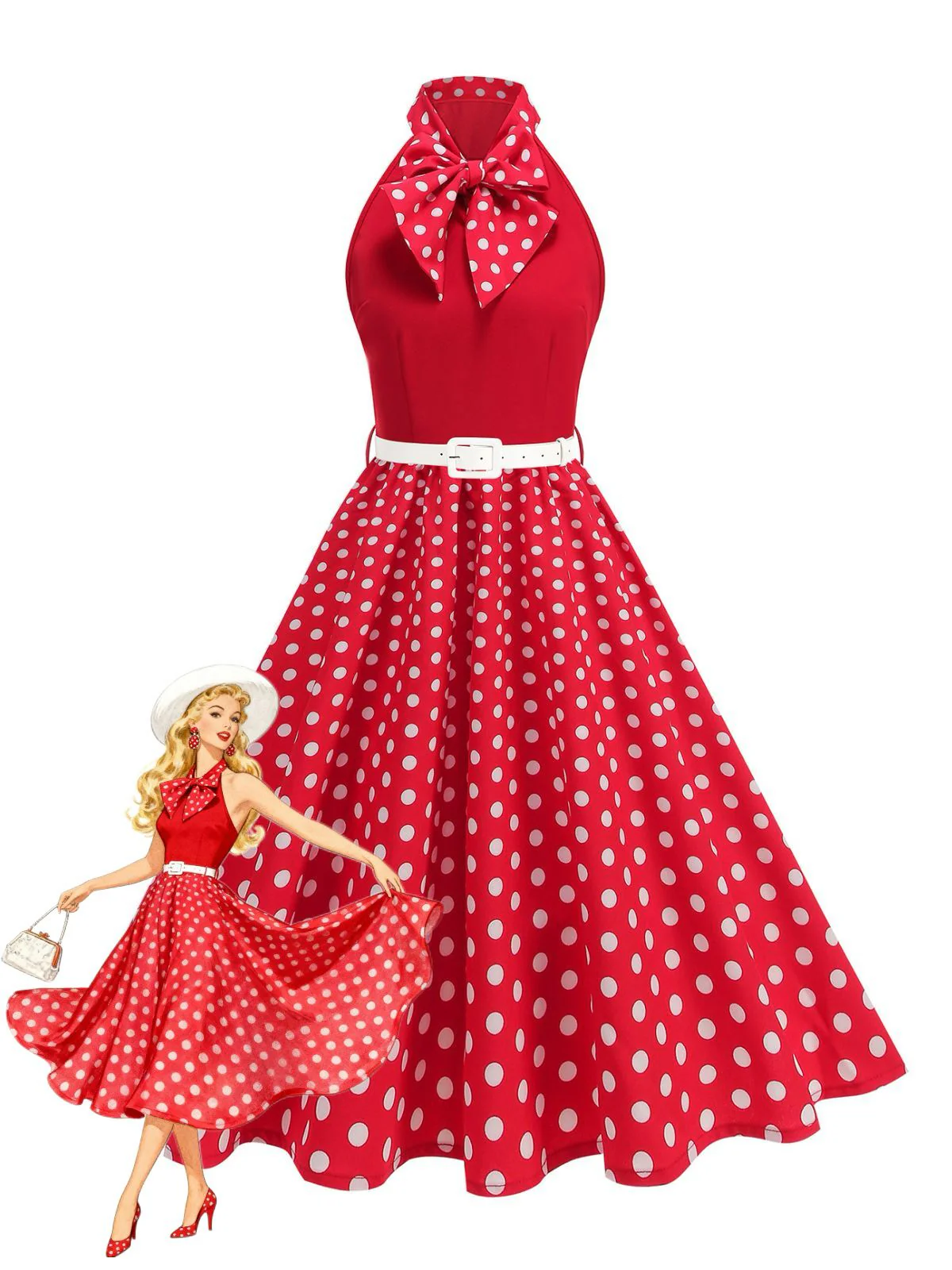 1950s Bow Tie Neck Polka Dot Belted Dress