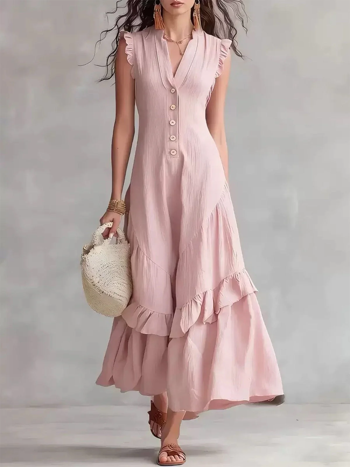 Dark Pink 1950s Cotton Linen Sleeveless Swing Dress - Image 3