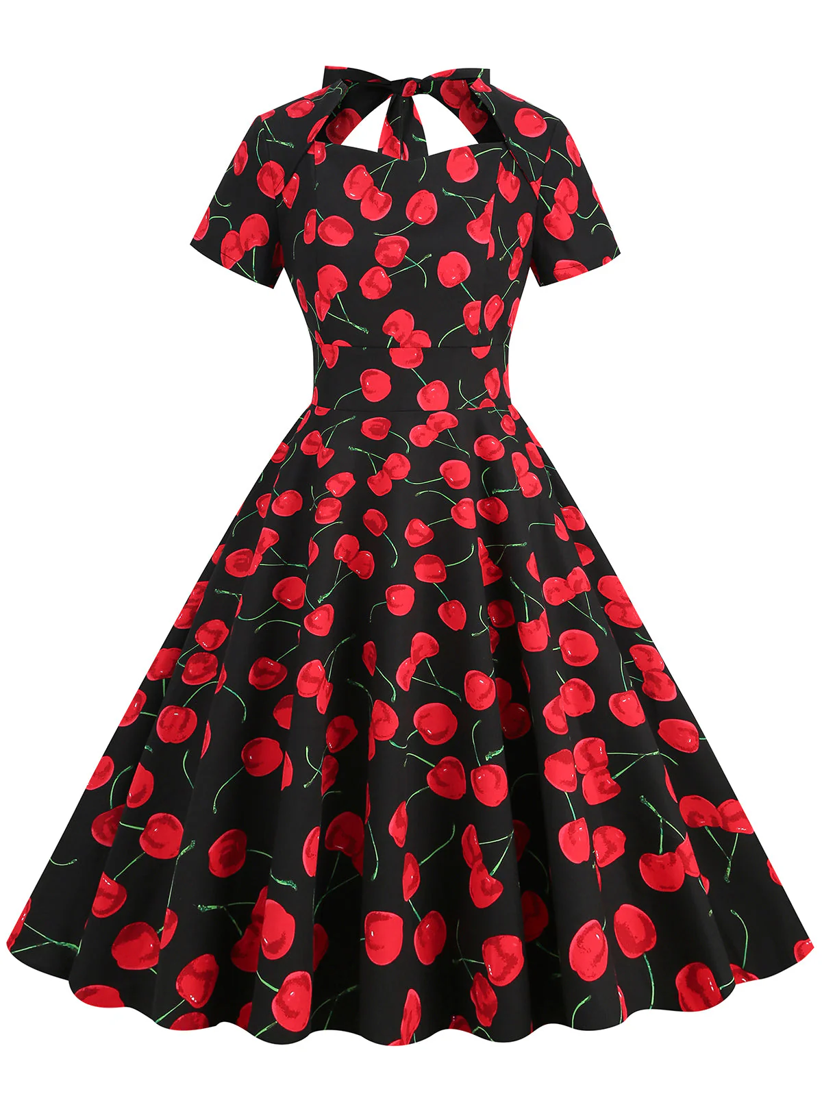 1950s Cherry Sweetheart Short Sleeve Lace Up Dress - Image 3