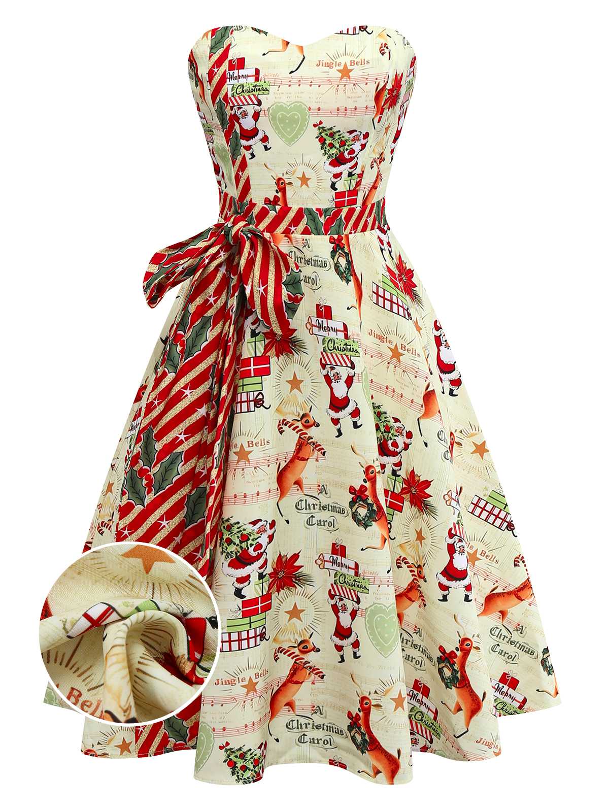 1950s Christmas Candy Cane Santa Bow Strapless Dress