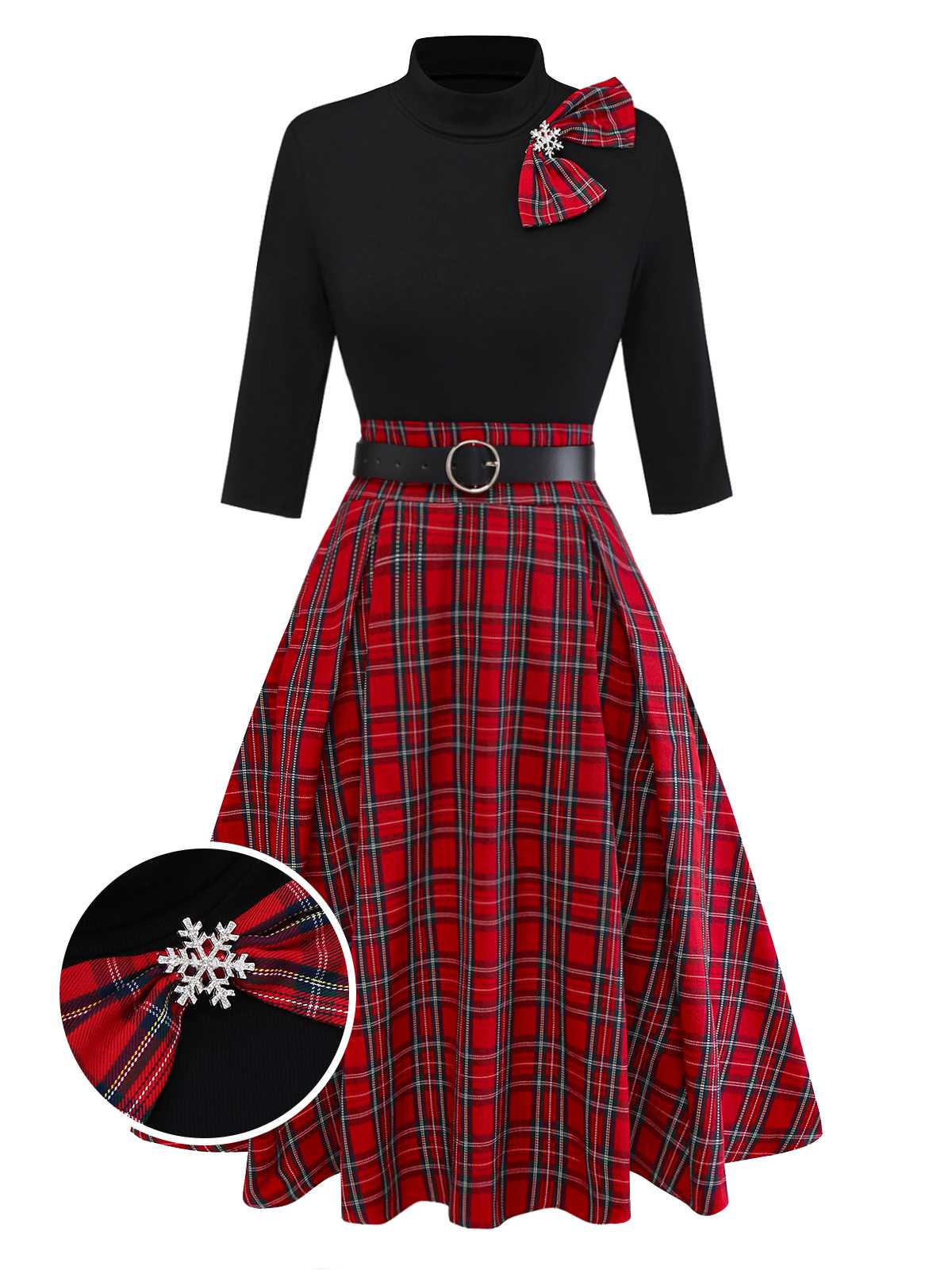 1950s Christmas Plaid Belted Dress With Snowflake Brooch